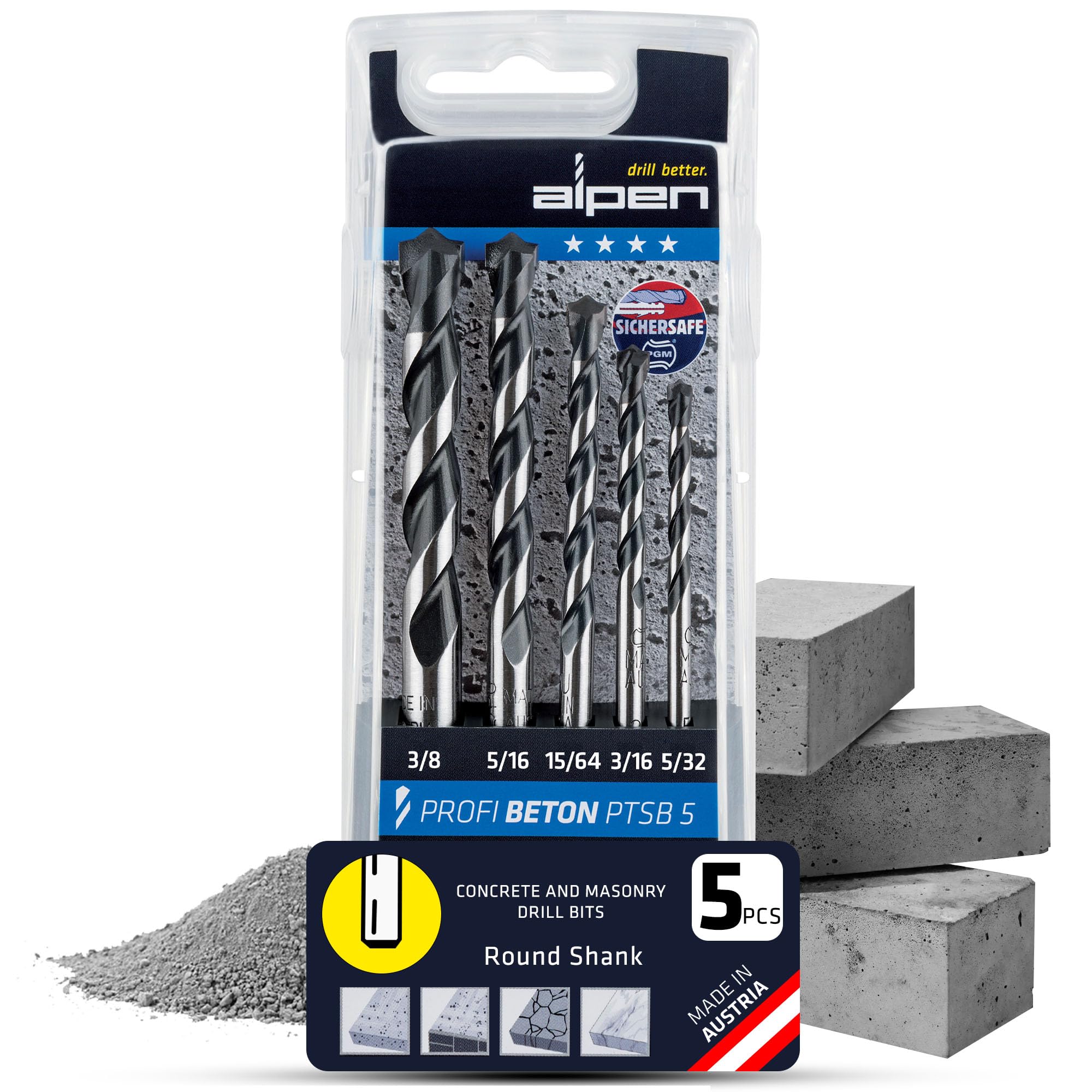 Alpen 5-Piece Concrete Drill Bit Set - PGM Certified Hammer Drill Bits for Precise Dowel Holes in Concrete, Stone & Marble - Durable Masonry Drill Bits for Construction & Home DIY Projects