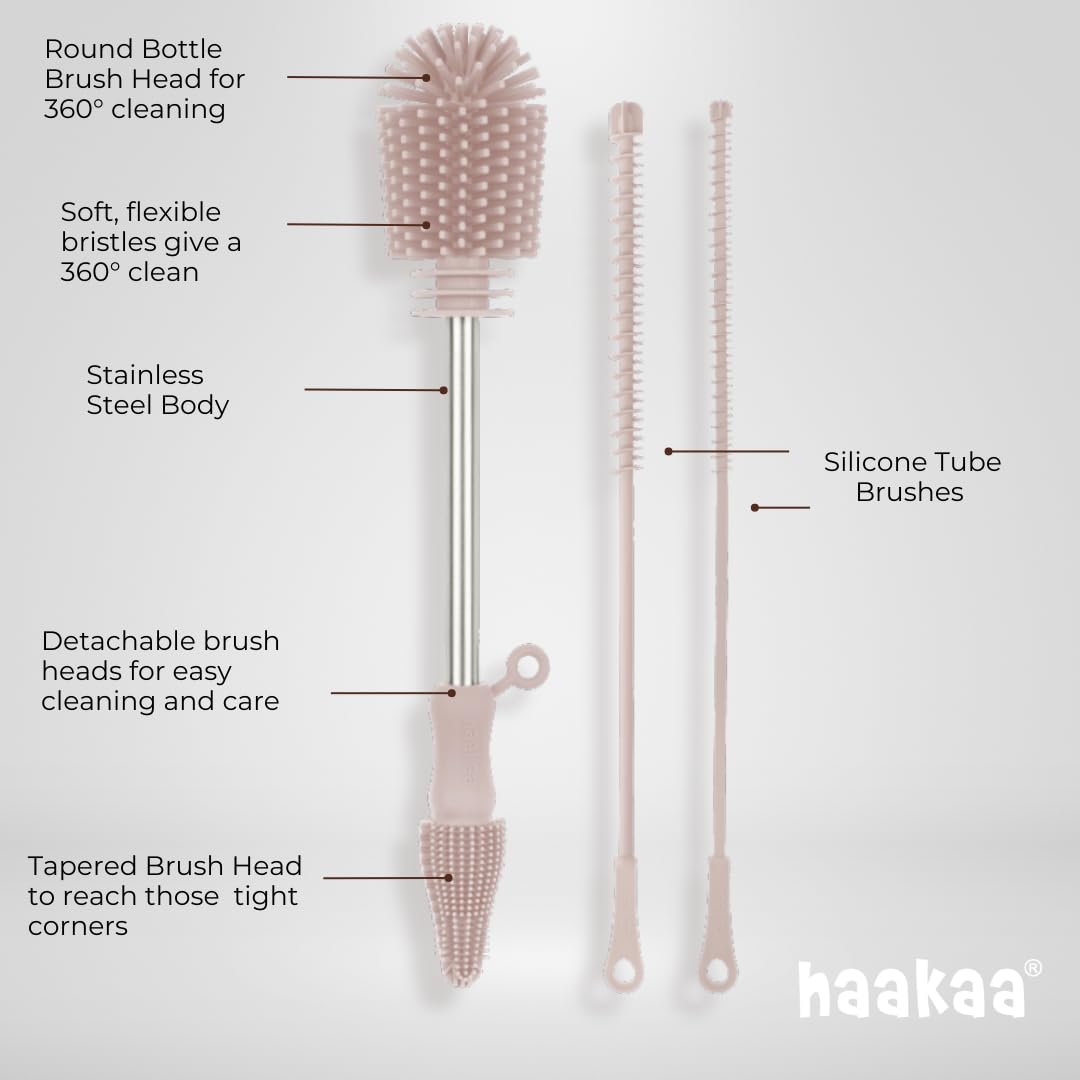 Haakaa Silicone Cleaning Brush Kit - Food-Grade Dishwasher Safe Bottle & Crevice Cleaning Brushes (Grey) - Perfect for Baby Bottles, Water Bottles, Kitchen Utensils & Hard-to-Reach Areas