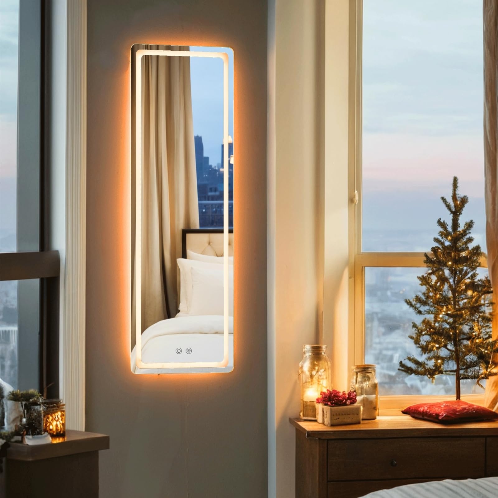 LUXFURNI Full Length LED Mirror with RGB Dimmable Lights - Wall Mounted Full Body Mirror 42.32x14 Inch for Bedroom, Bathroom, Vanity & Dressing Room