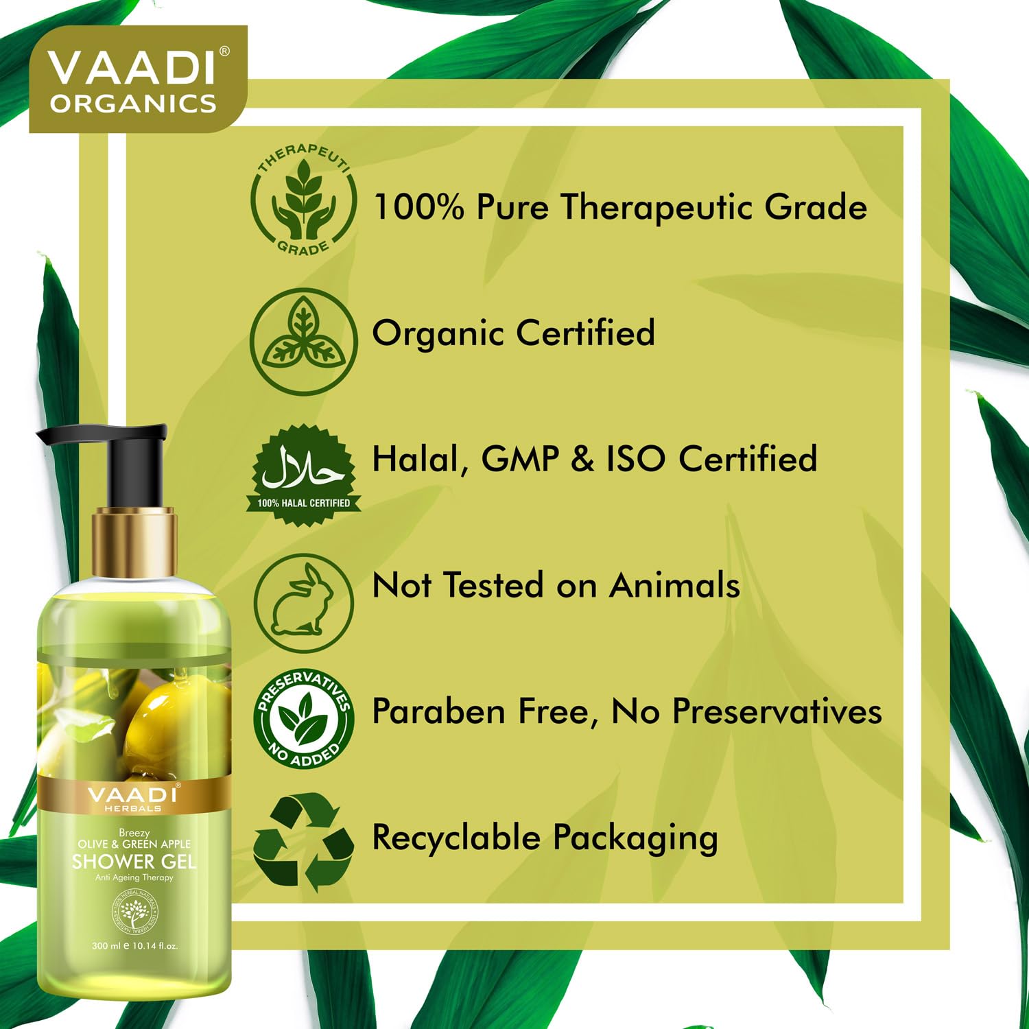 Vaadi Herbals Shower Gel - Breezy Olive & Green Apple Scent, 300ml | Refreshing Body Wash for Daily Use, Moisturizing & Aromatherapy for Relaxing Shower Experience