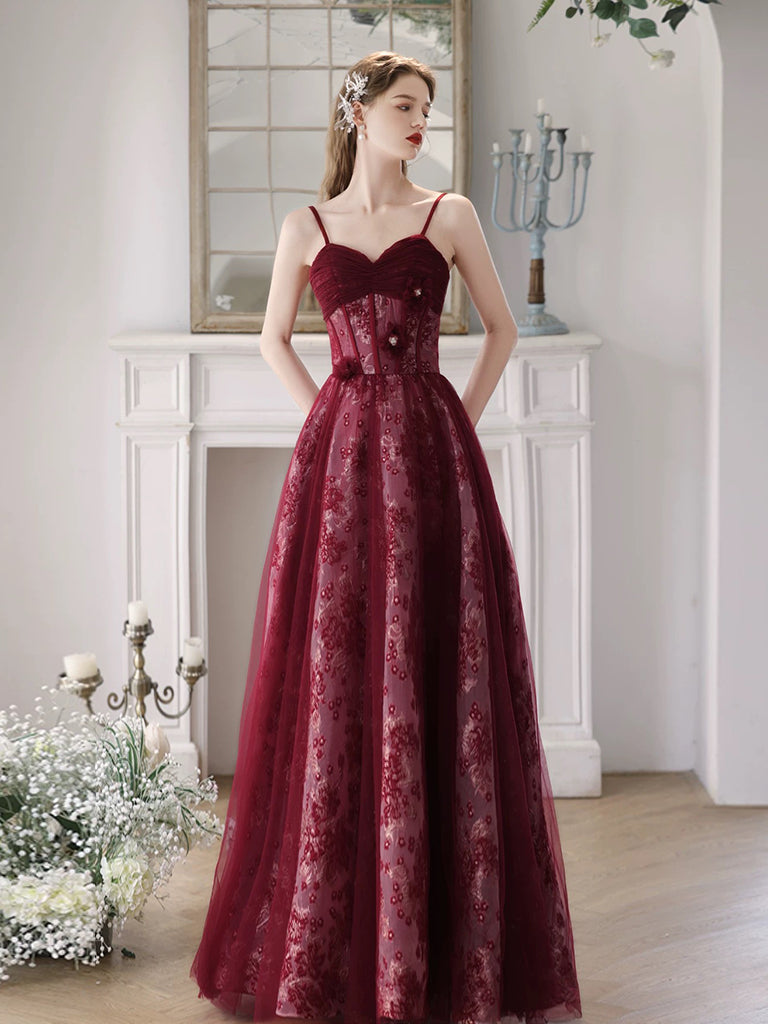 Elegant A-Line Tulle Lace Burgundy Long Prom Dress - Formal Evening Gown for Homecoming, Wedding, and Special Occasions