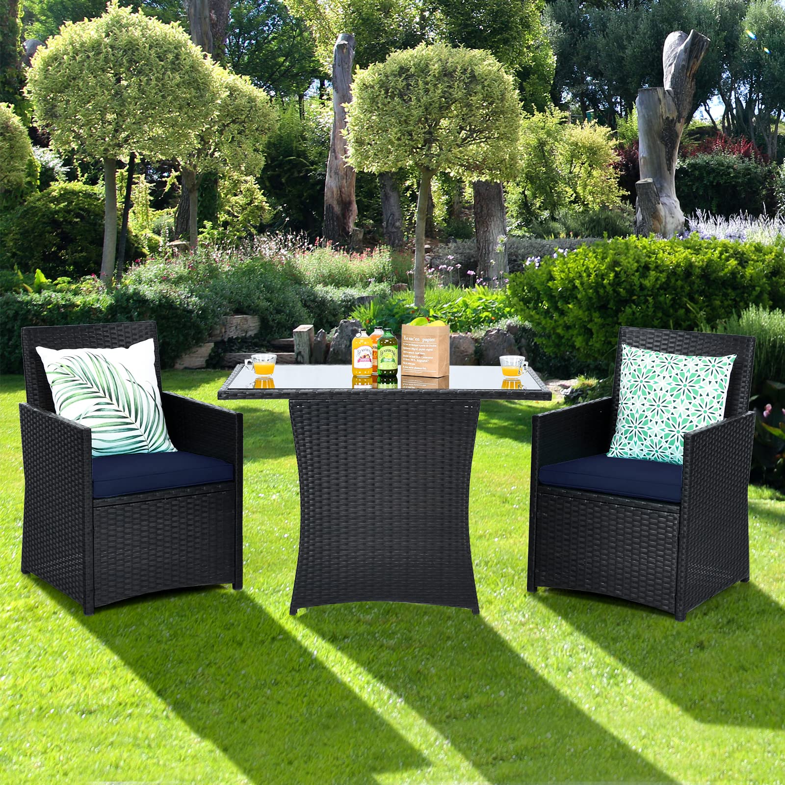HAPPYGRILL 3-Piece Outdoor PE Rattan Bistro Set with Cushioned Chairs - Patio Dining Table and Conversation Set for Backyard, Porch, Garden, Poolside - Perfect for Al Fresco Dining, Relaxing, and Outdoor Entertaining