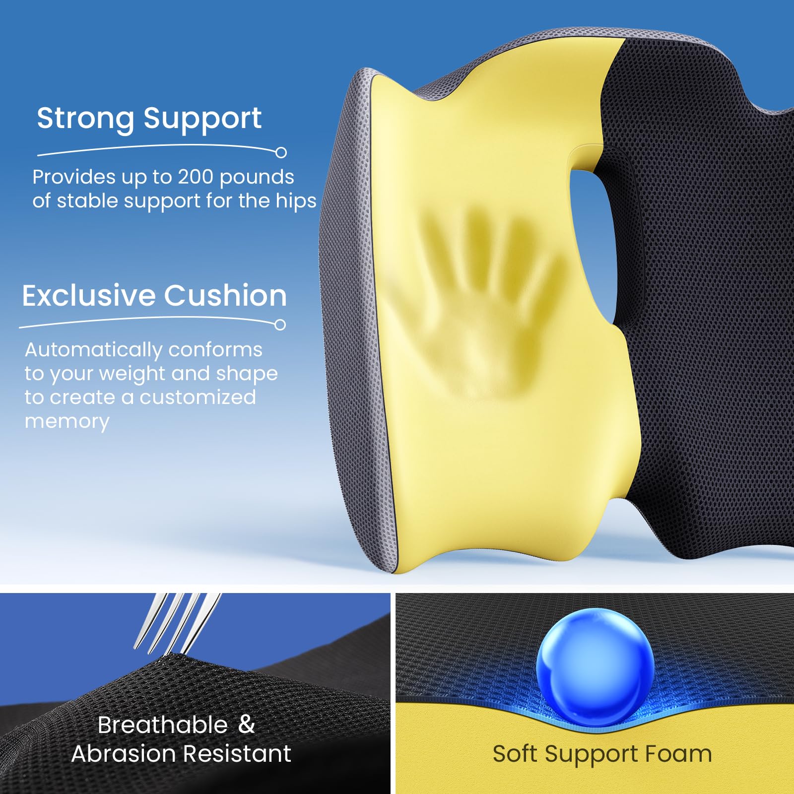 Benazcap Memory Foam Seat Cushion for Office Chair - Large Pressure Relief Cushion for Tailbone, Coccyx & Sciatica Pain Relief - Ergonomic Support for Back & Butt Pain - Perfect for Office Workers, Long Sitting & Driving