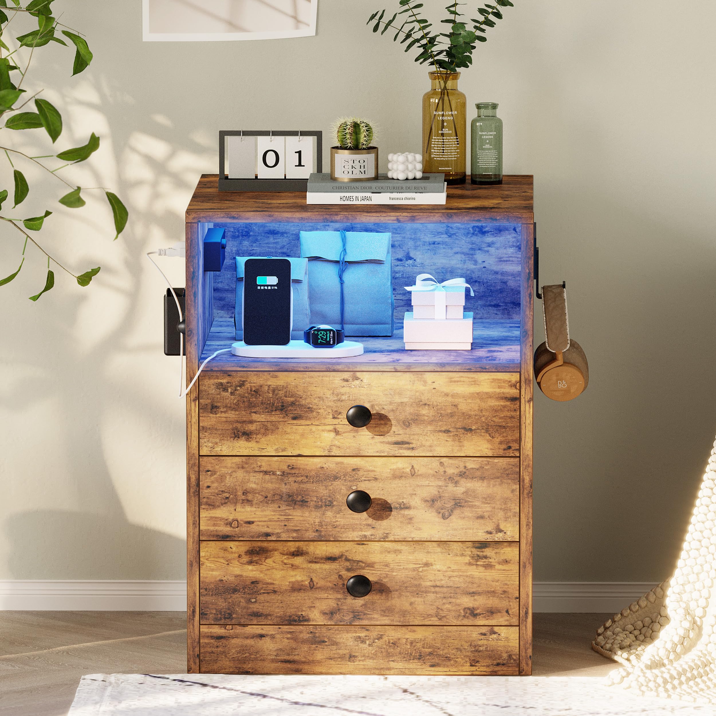 LIKIMIO Vintage Brown Nightstand with Charging Station, 3 Drawers & LED Lights - Interchangeable Sockets & Hooks - Perfect for Bedroom, Living Room or Office Side Table