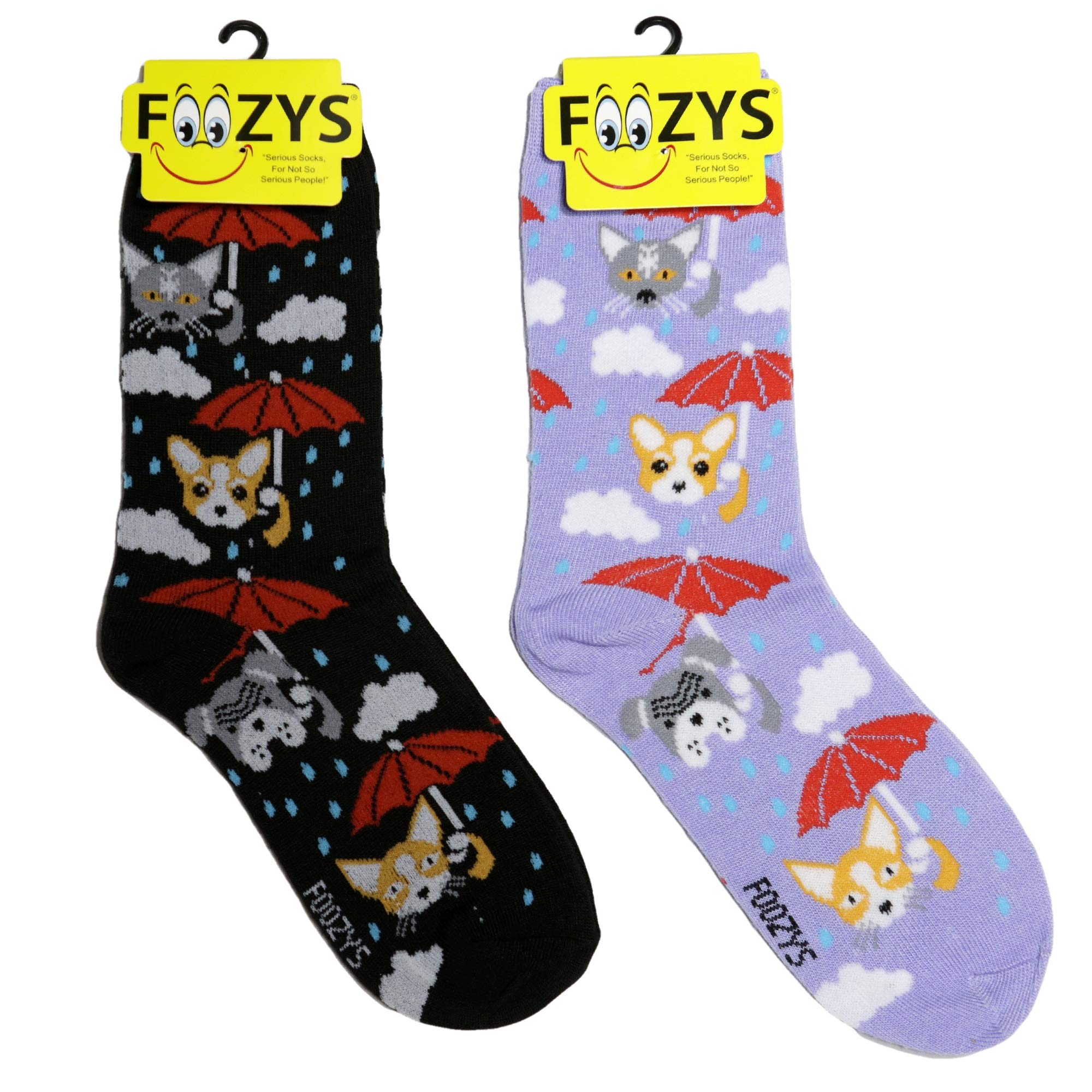 Foozys Women's Crew Socks - Raining Cats & Dogs Farm Novelty Socks (2-Pair Pack) | Soft Cotton Blend for Comfort | Perfect for Casual Wear, Gifts & Farm Animal Lovers