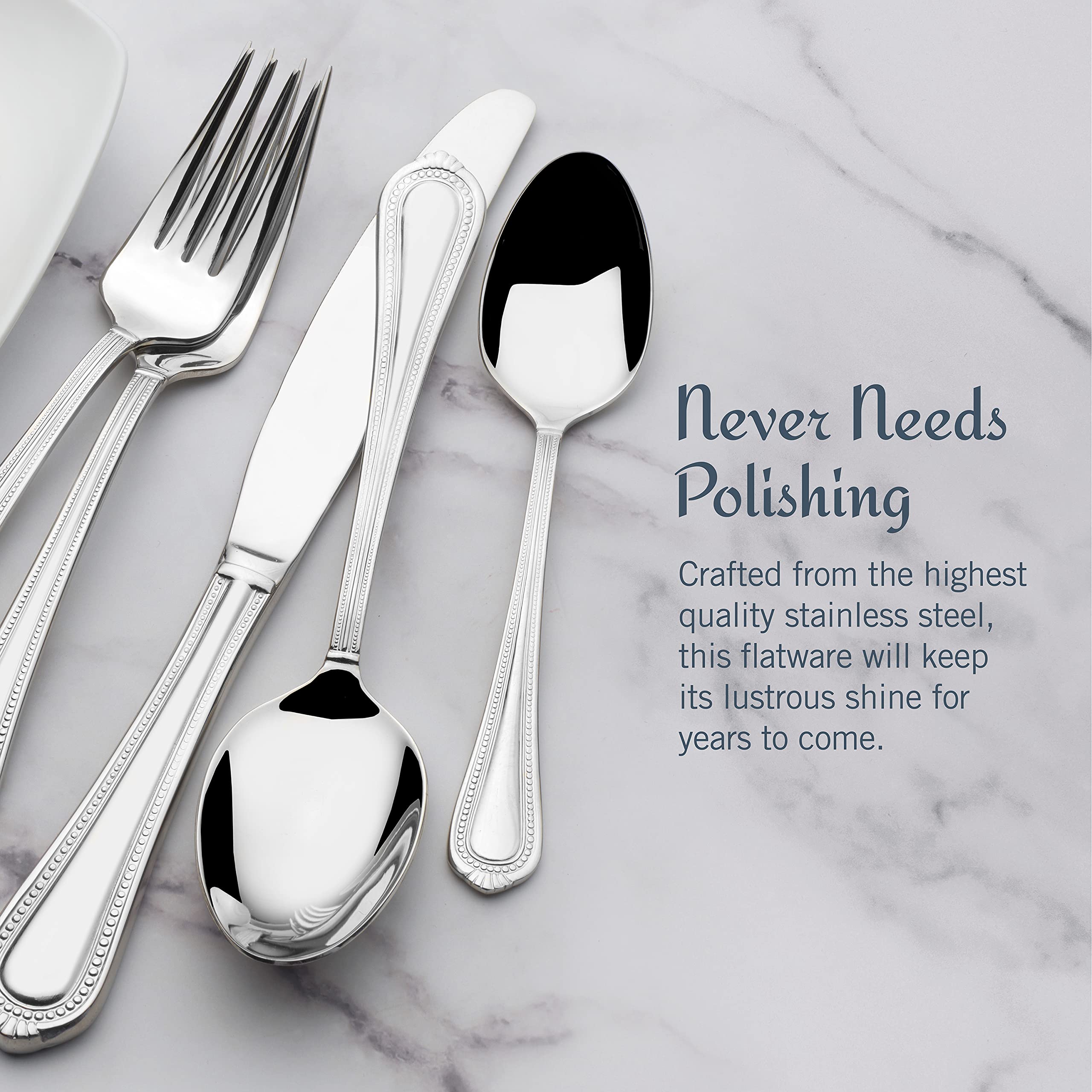 Mikasa Regent Bead 65-Piece 18/10 Stainless Steel Flatware Set for 12 - Elegant Silverware with Serving Utensils for Fine Dining, Weddings & Special Occasions