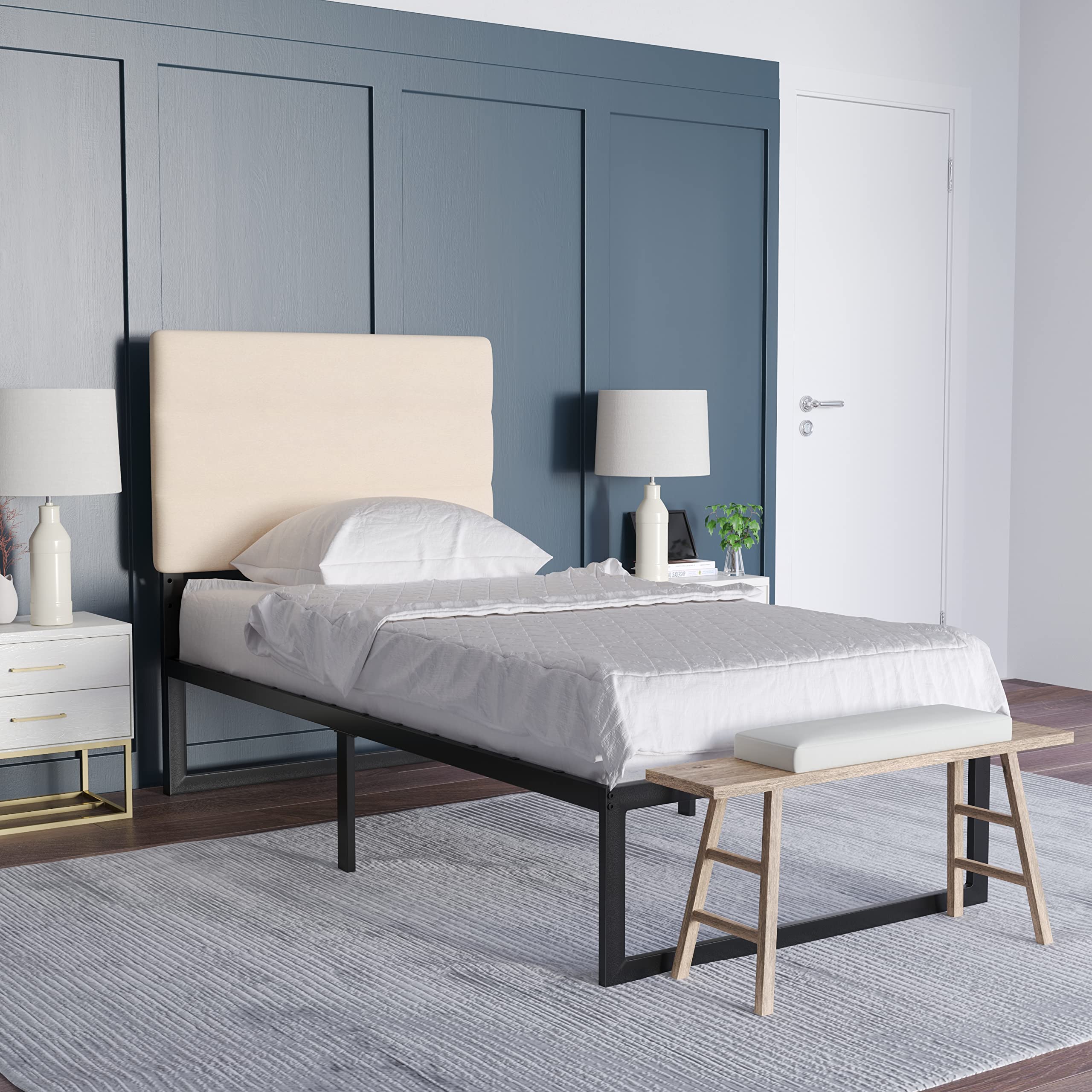 Emma & Oliver Gannon Twin Headboard - Cream Fabric Upholstered Adjustable Height Bed Headboard - Easy 30-Min Assembly - Fits Most Bed Frames (Not Included) - Perfect for Kids' Rooms, Guest Bedrooms & Dorm Decor