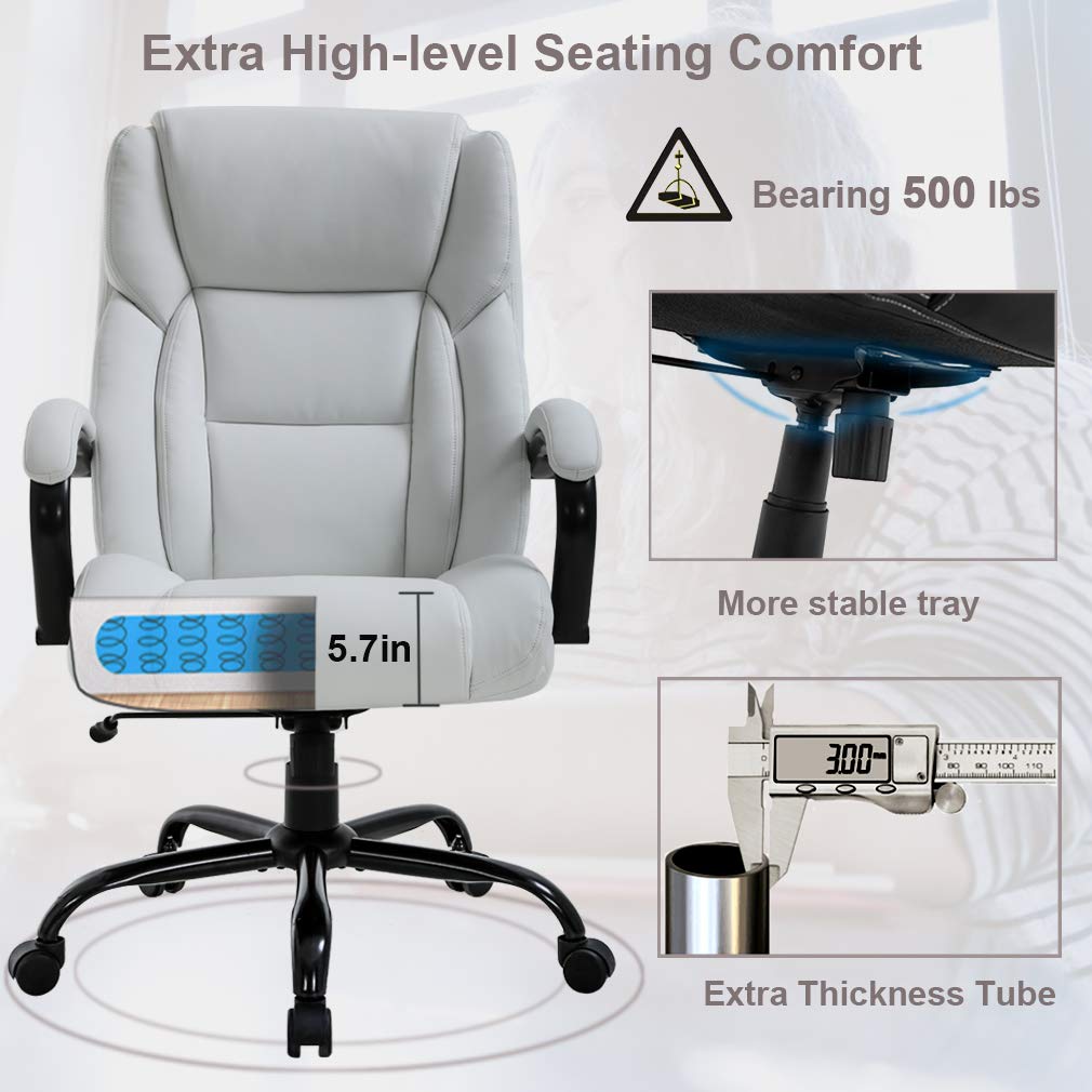 500lbs Heavy Duty Ergonomic Office Chair - Wide Seat PU Leather Executive Desk Chair with Adjustable Lumbar Support & Armrests - High Back Computer Task Chair for Big & Tall People - Perfect for Home Office, Gaming & Workspaces (White)