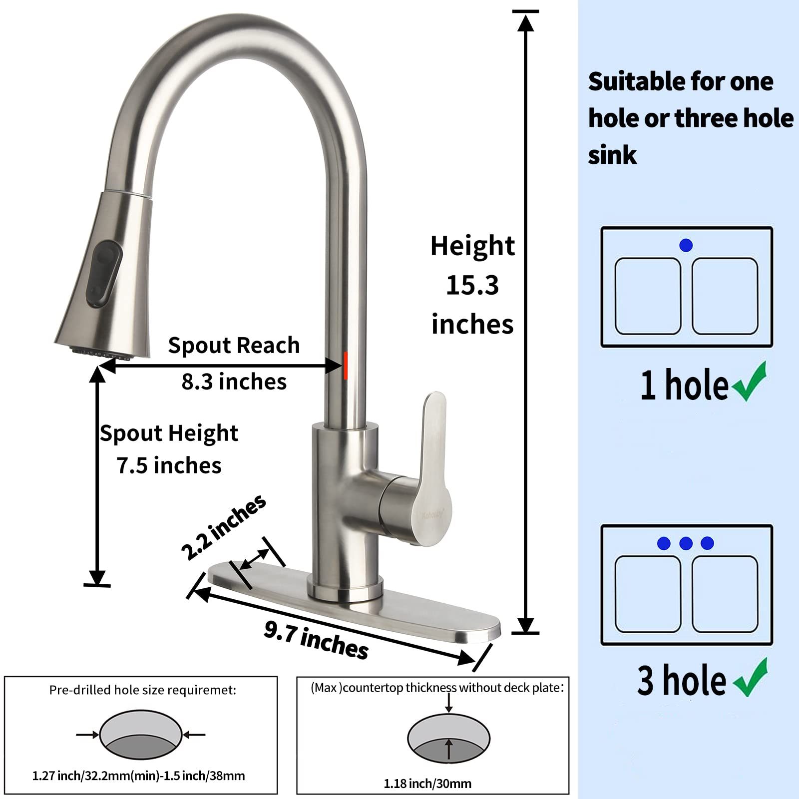 Modern Single Handle Pull Down Sprayer Kitchen Faucet - Brushed Nickel Stainless Steel Commercial Sink Faucet with Deck Plate | Perfect for Home & Restaurant Kitchens