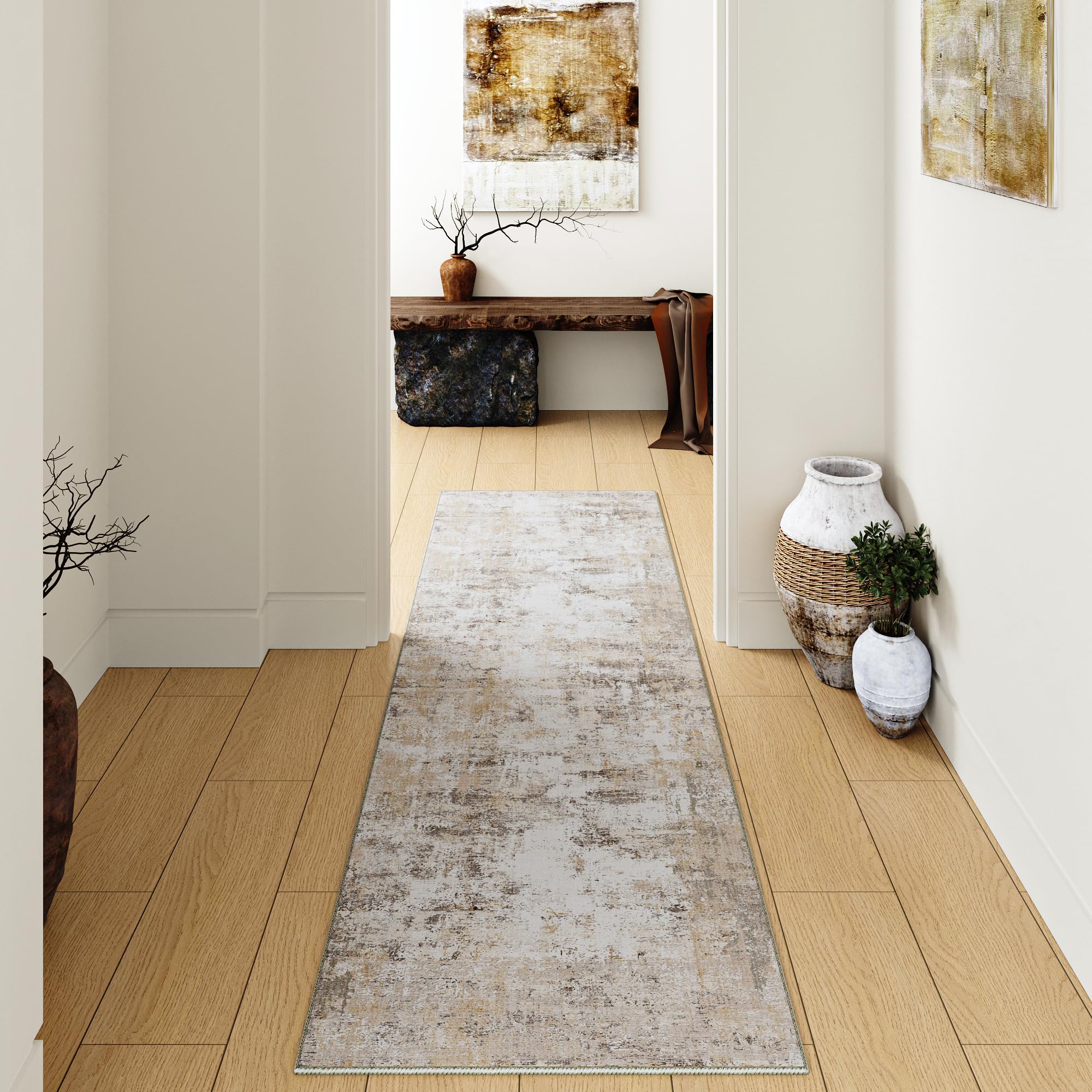 2x8 Washable Runner Rug - Beige Grey Neutral Abstract Non-Slip Low Pile Indoor Carpet for Hallway, Kitchen, Living Room, Bedroom | Soft & Durable for Entrance, Laundry, Bathroom & High Traffic Areas