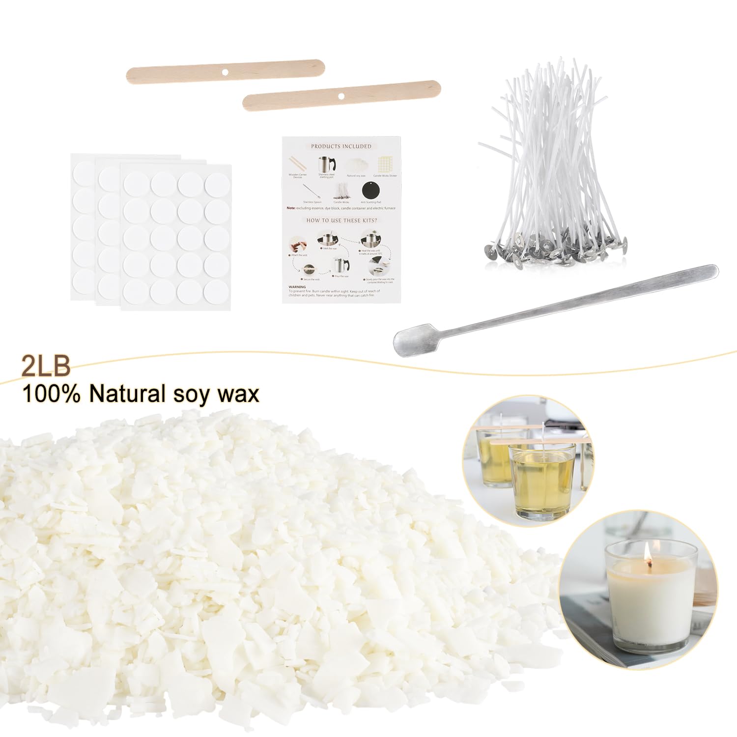 Premium DIY Candle Making Kit with 2LB Natural Soy Wax Flakes, 100 Cotton Wicks & 2 Wooden Wick Holders - Perfect for Home Crafts, Gifts & Aromatherapy Relaxation
