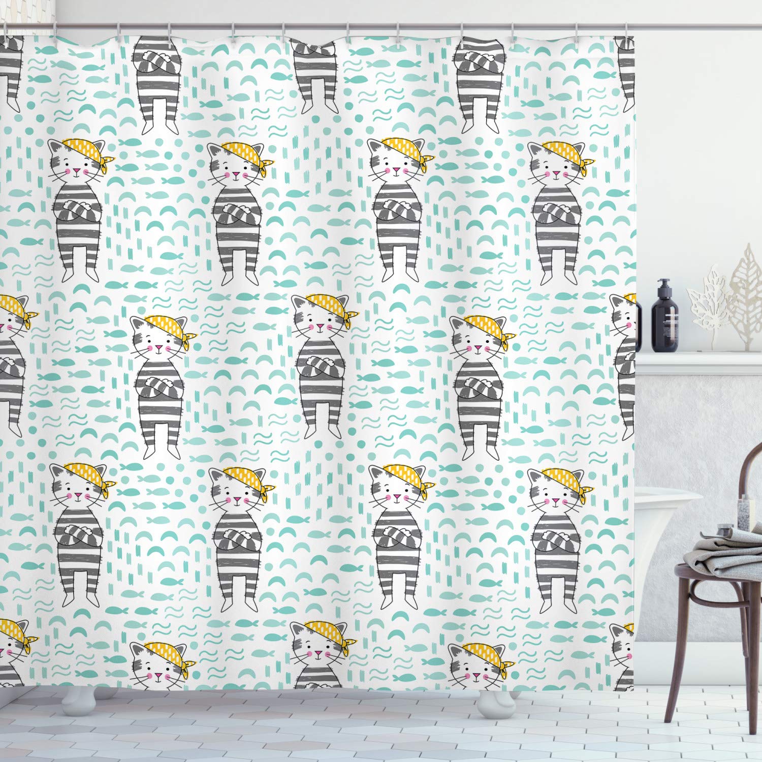 Ambesonne Cartoon Shower Curtain - Cute Kittens with Bandanas on Pastel Fish & Waves Design, 69x84 Inch Waterproof Fabric Bathroom Decor with Hooks - Pale Green Yellow - Perfect for Kids' Bathroom, Nursery or Beach Theme Decor