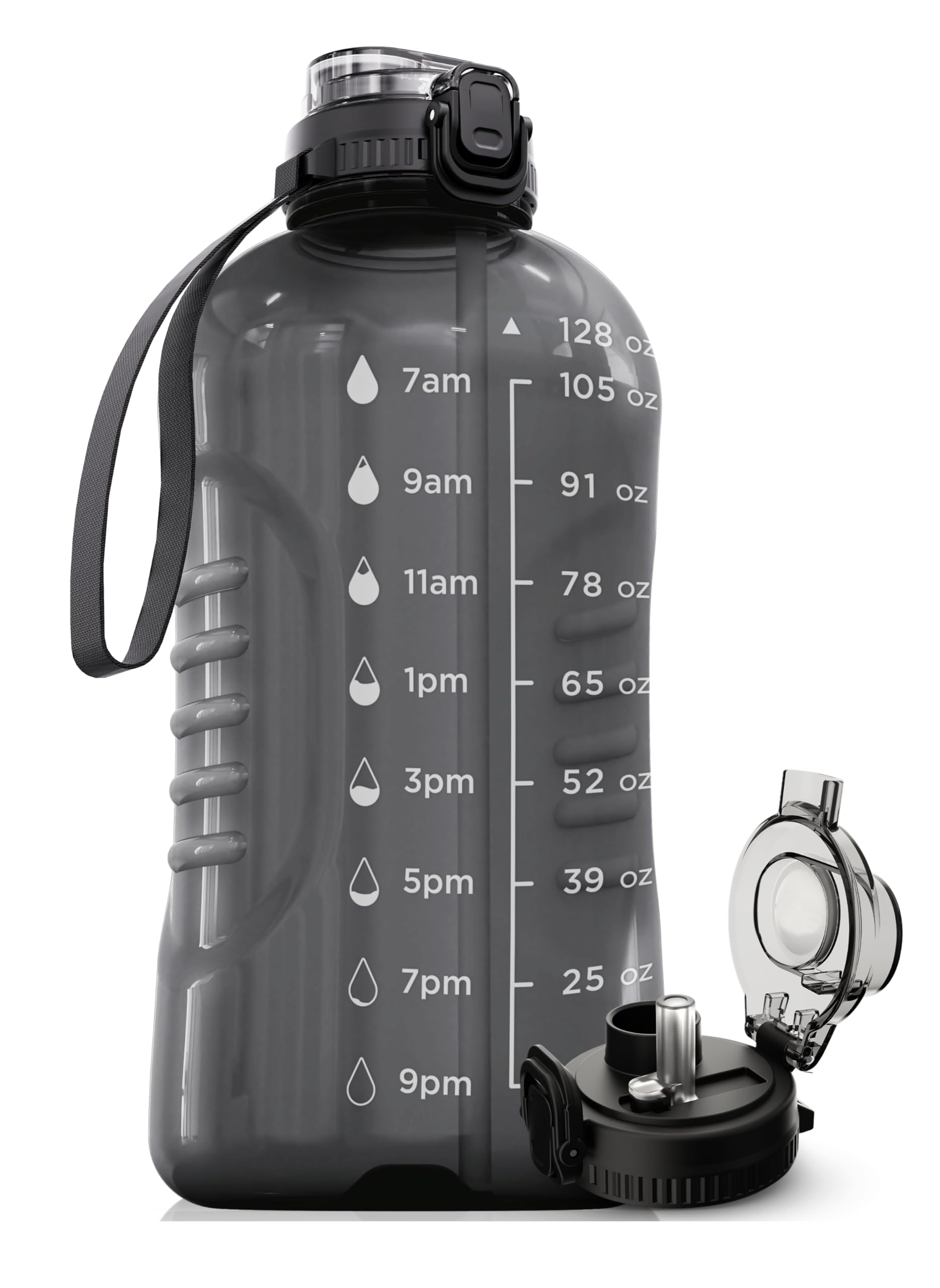 AQUAFIT 128 oz (1 Gallon) BPA Free Water Bottle with Time Marker - 2-in-1 Straw & Chug Lid - Large Leakproof Gym Water Bottle with Handle Strap - Ideal for Workouts, Hiking & Outdoor Activities (Gray)