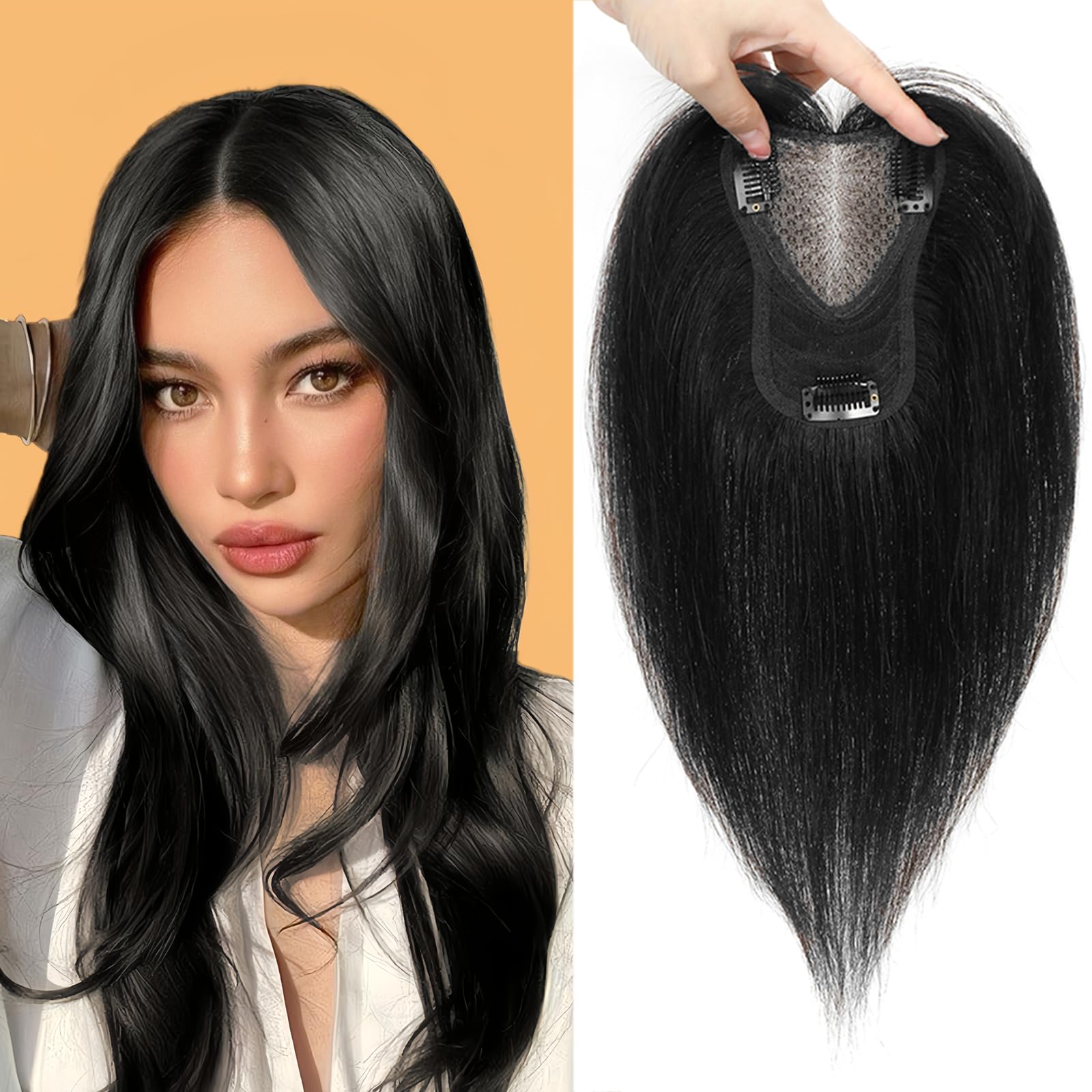 360° Human Hair Topper for Women - 12 Inch No Bangs Lace Base Hairpiece, Real Remy Human Hair (Black) - Perfect for Thinning Hair, Hair Loss & Everyday Styling