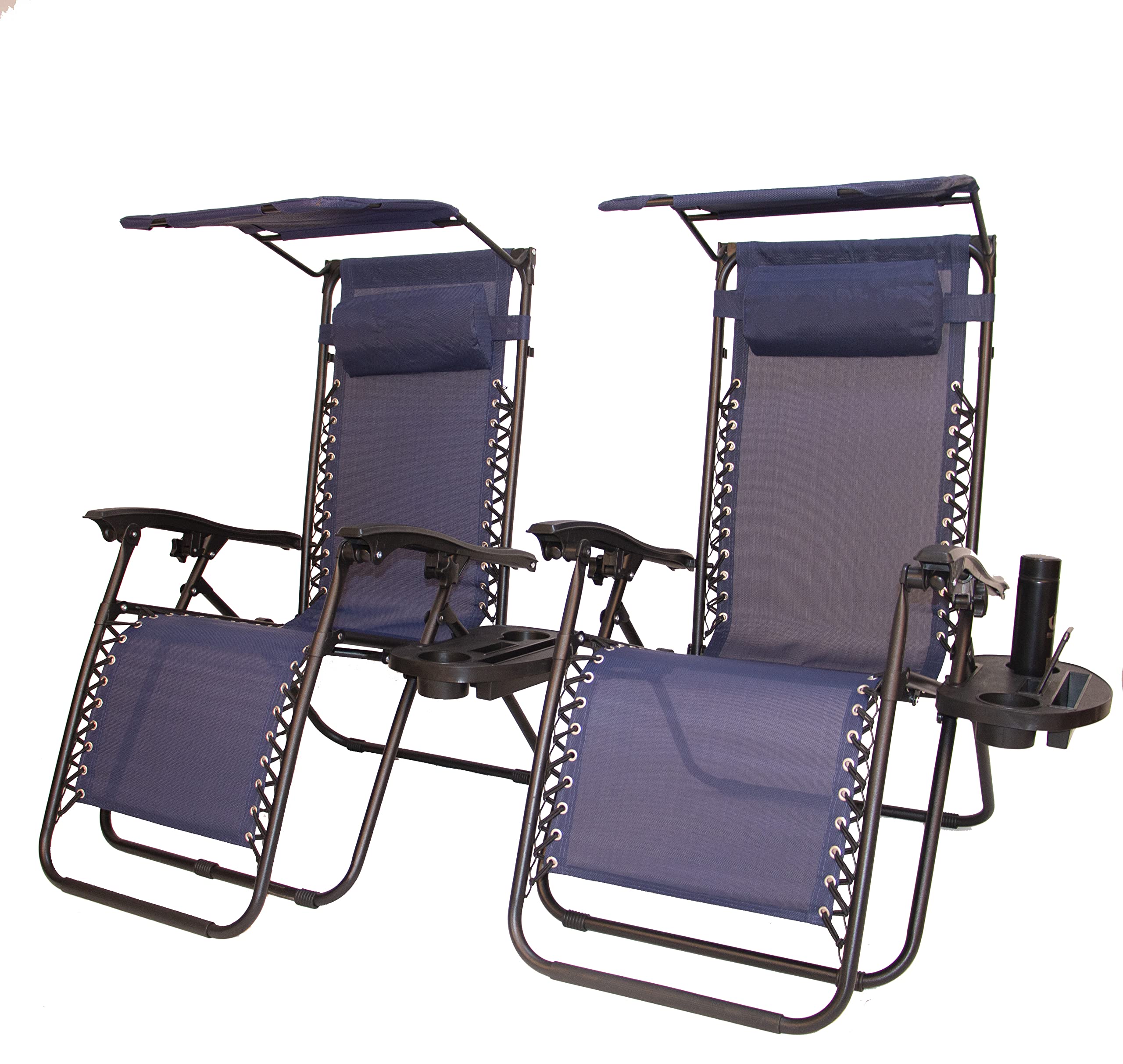 BTEXPERT Set of 2 Adjustable Steel Mesh Zero Gravity Lounge Chairs - Outdoor Patio Recliners for Beach, Yard & Garden with Pillow, Sunshade & Utility Tray - Blue with Canopy - Perfect for Poolside Relaxation, Backyard Lounging & Beach Vacations