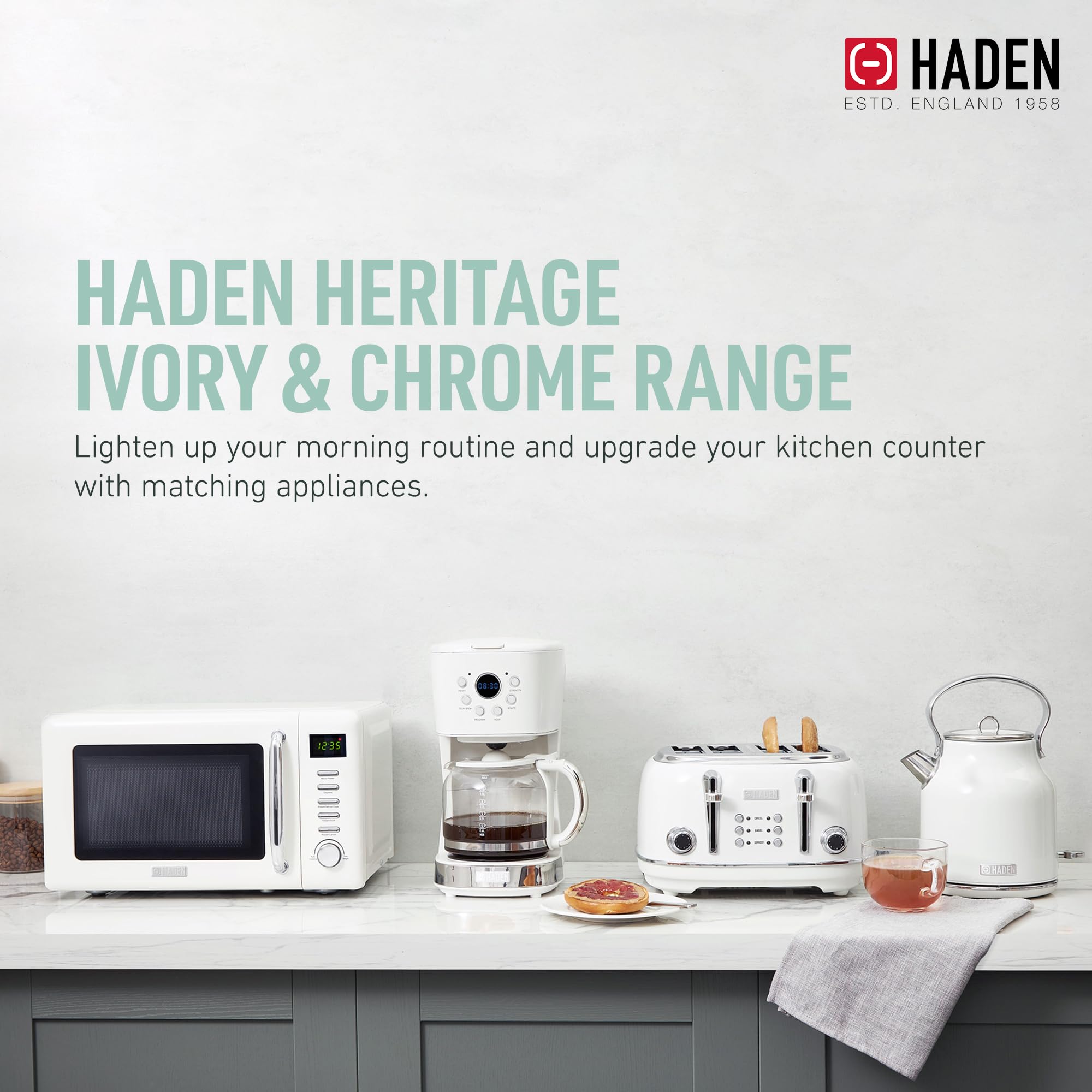 Haden Heritage 4 Slice Wide Slot Stainless Steel Toaster with 12 Cup Programmable Drip Coffee Maker Set - Ivory & Chrome | Perfect for Breakfast & Kitchen Countertop