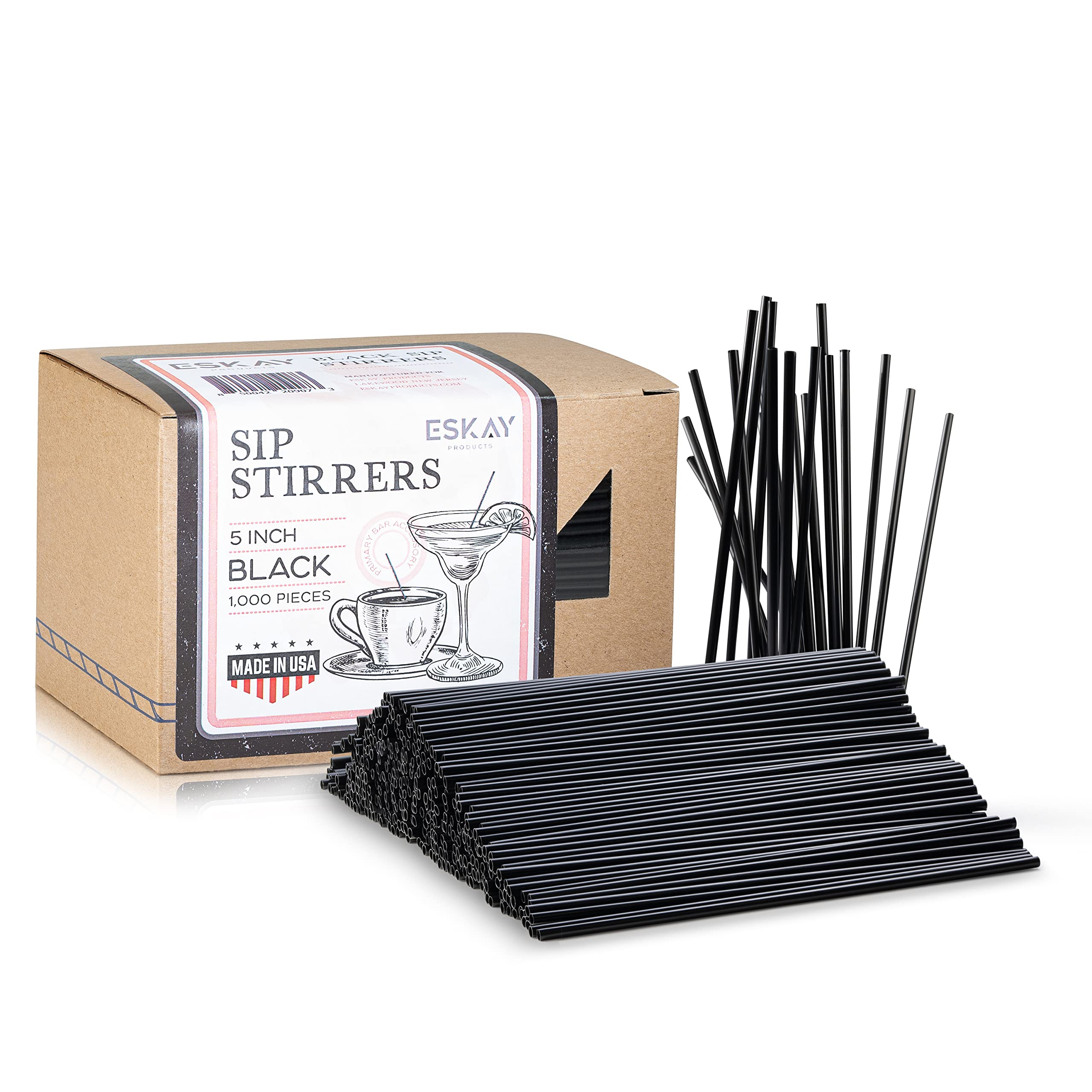 1000 Black 5-Inch Plastic Coffee Stirrers - Disposable Cocktail Straws & Stir Sticks for Coffee Shops, Restaurants, Bars & Home Use - Made in USA (Perfect for Iced Coffee, Tea, Smoothies & Mixed Drinks)