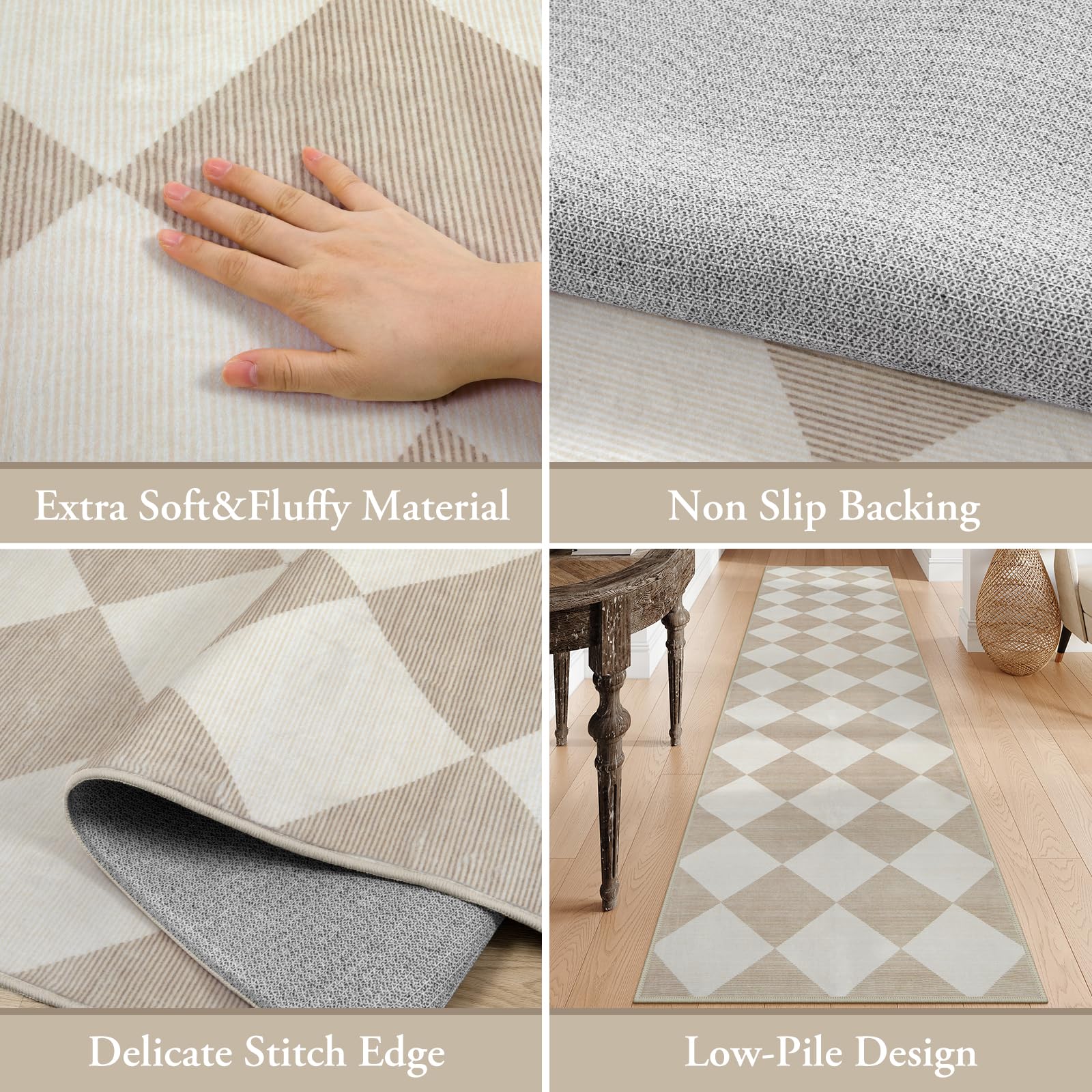 Beeiva 6ft Checkered Carpet Runner - Ultra Thin Washable Non-Slip Hallway Rug, Beige Moroccan Plaid 2x6 Floor Mat for Kitchen, Bedroom, Bathroom & Entryway - Perfect for High-Traffic Areas & Home Decor