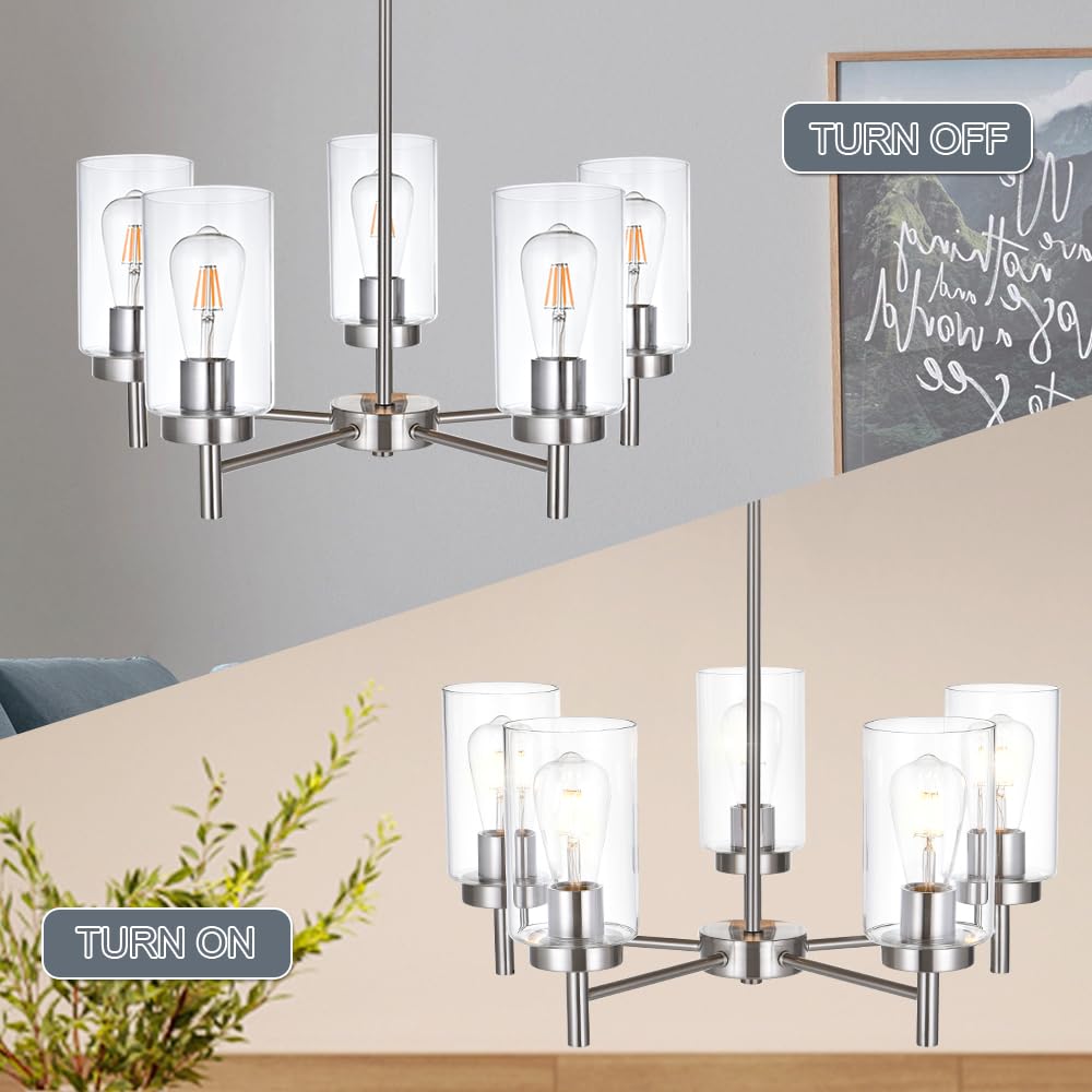 5-Lights Modern Chandelier in Brushed Nickel - Farmhouse Style Dining Room Pendant Light with Clear Glass Shades - Perfect for Kitchen, Living Room, Bedroom - Compatible with E26 Bulb Base - Elegant Ceiling Lighting for Home Decor