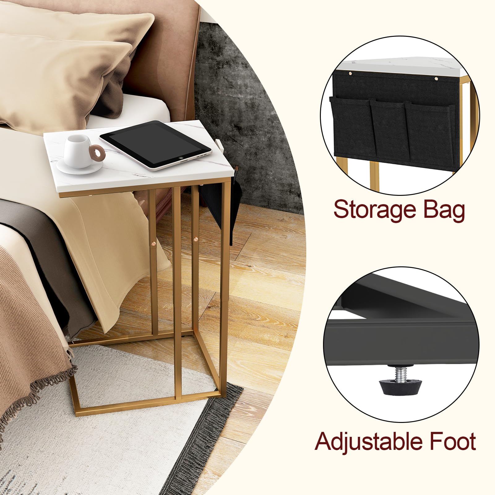 C-Shaped End Table for Couch - Small Sofa Side Table with Storage Bag - Multi-Functional TV Tray & Bedside Table - White - Perfect for Living Room, Bedroom & Snack Time