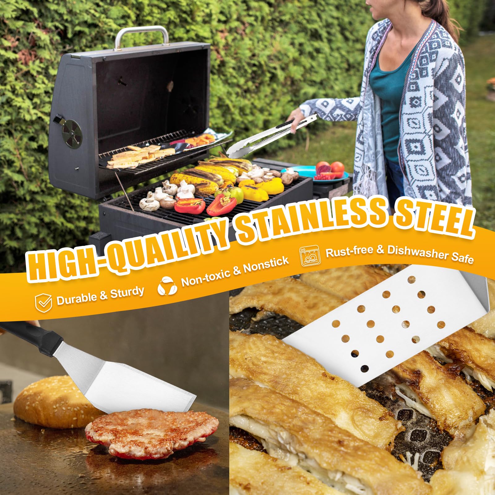 10PCS Griddle Accessories Kit - Flat Top Grill Tools Set with Smash Burger Press, Enlarged Spatulas & Scraper - Compatible with Blackstone & Camp Chef Grills - Perfect for Outdoor BBQ, Camping & Backyard Cooking