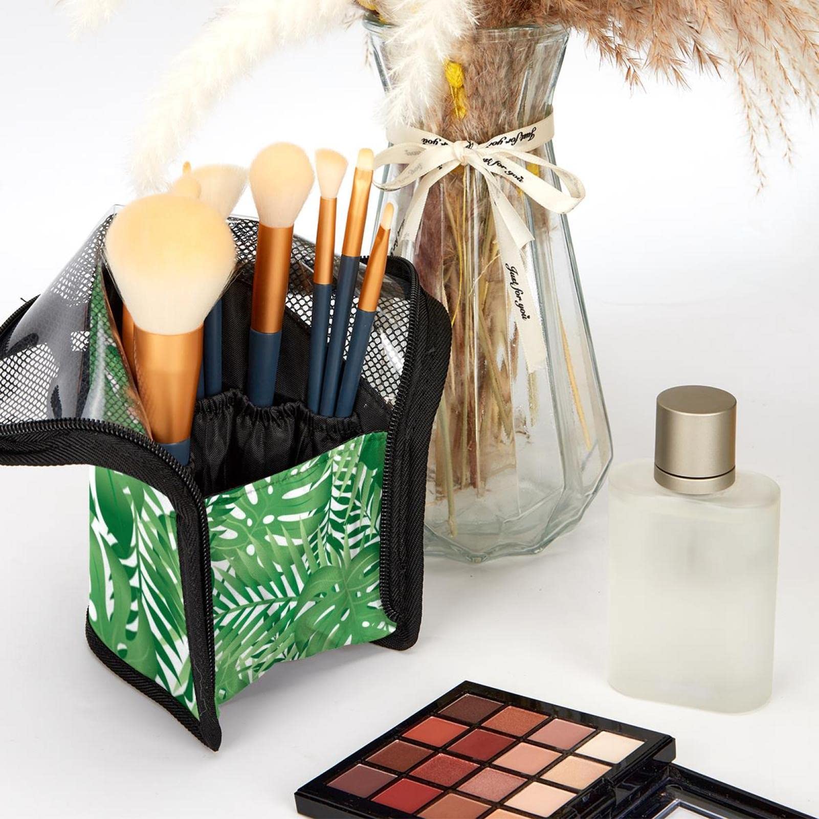 12-Piece Makeup Brush Organizer Bag - Portable Travel Brush Holder Case with Palm Leaf Green Tropical Summer Design - Perfect for Travel, Home Storage & Professional Makeup Artists