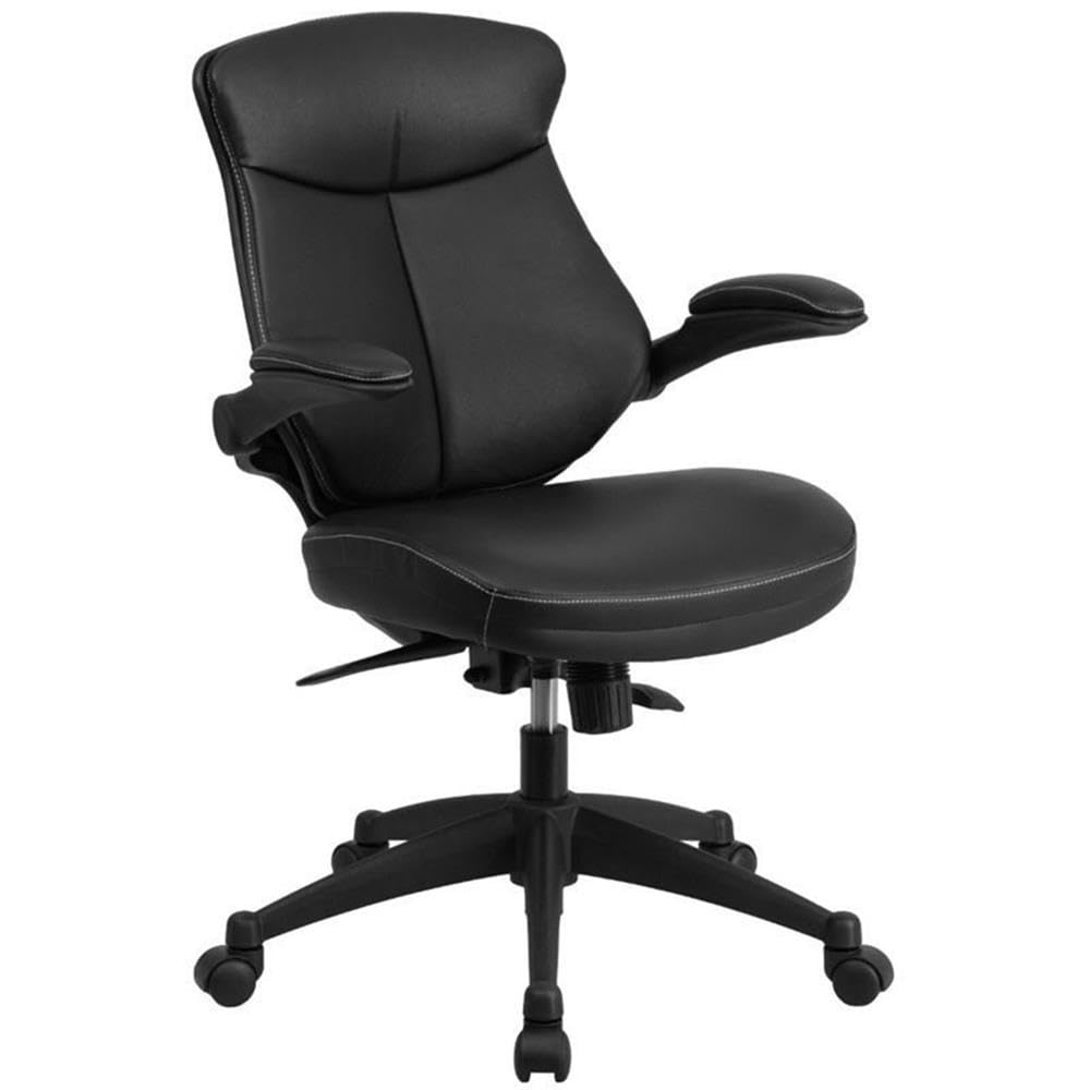Flash Furniture Kale Mid-Back Black LeatherSoft Executive Swivel Office Chair - Ergonomic Design with Adjustable Back Angle & Flip-Up Arms for Home Office, Conference Room, or Gaming Setup