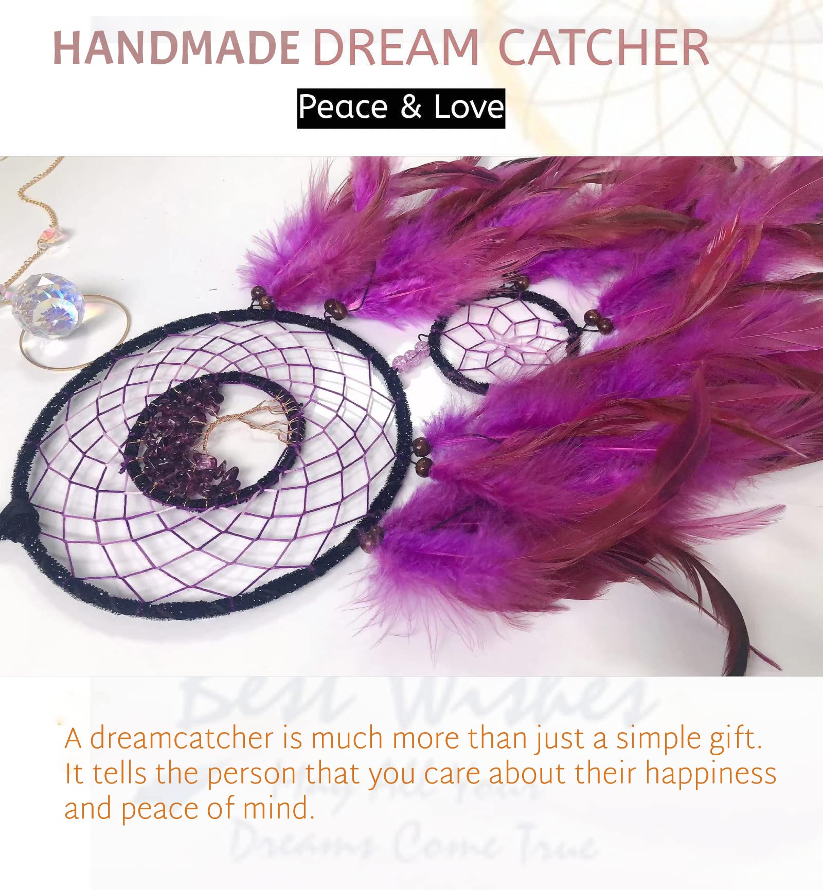 Purple Dream Catcher for Kids & Adults - Tree of Life Crystal Feather Wall Hanging for Bedroom Decor, Teen Room & Native American Style Home Accessories | Perfect for Nursery, Dorm Room & Spiritual Gifts