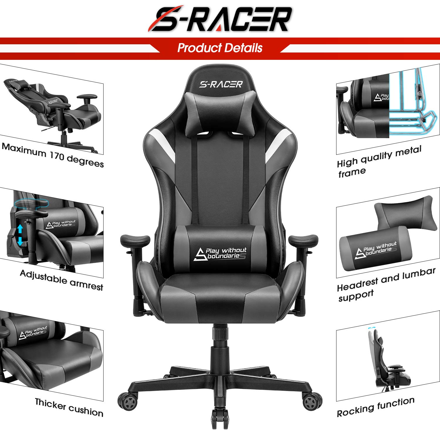Ergonomic Video Gaming Chair for PC & Console - Comfortable Grey Gaming Seat for Long Hours Play | Perfect for Esports, Streaming & Home Office