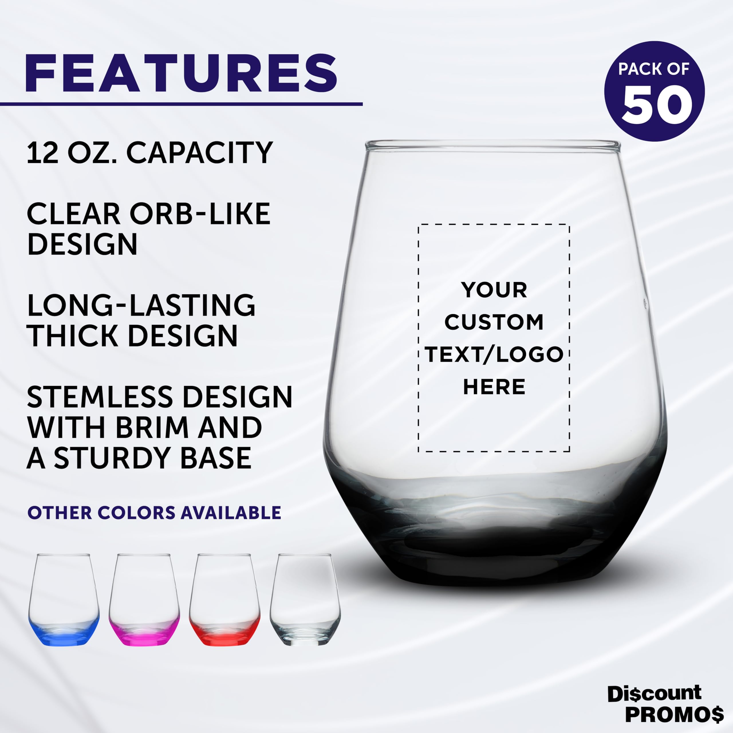 Custom Silica Stemless Wine Glasses 12 oz (Set of 50) - Personalized Bulk Pack for Restaurants & Bars - Durable Glassware for Red Wine, White Wine & Cocktails - Perfect for Weddings, Parties & Corporate Events - Black