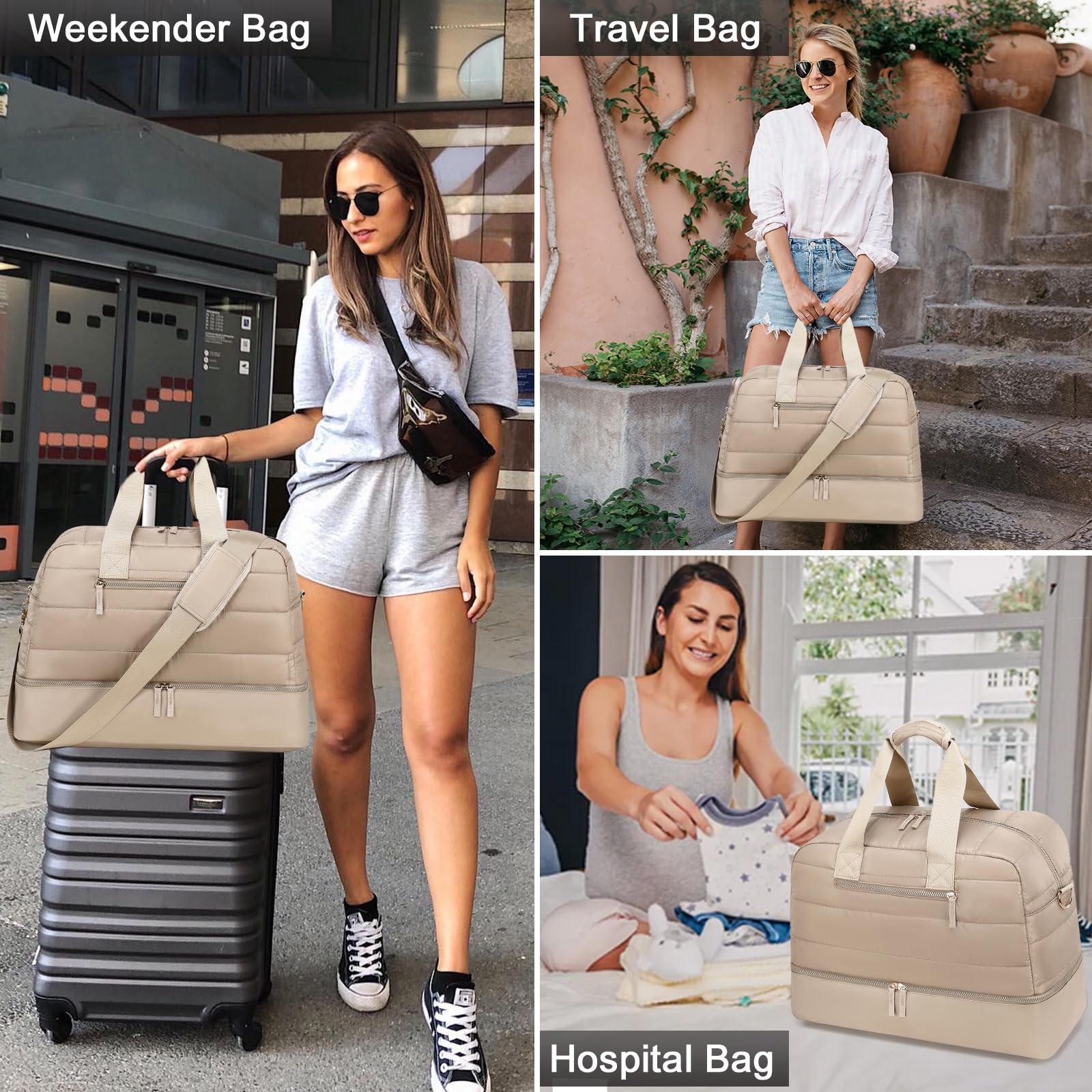 Stylish CAMTOP Quilted Puffer Weekender Bag for Women - Travel Duffle with Shoe Compartment | Perfect Carry-On Overnight Tote for Weekend Getaways, Gym, and Business Trips