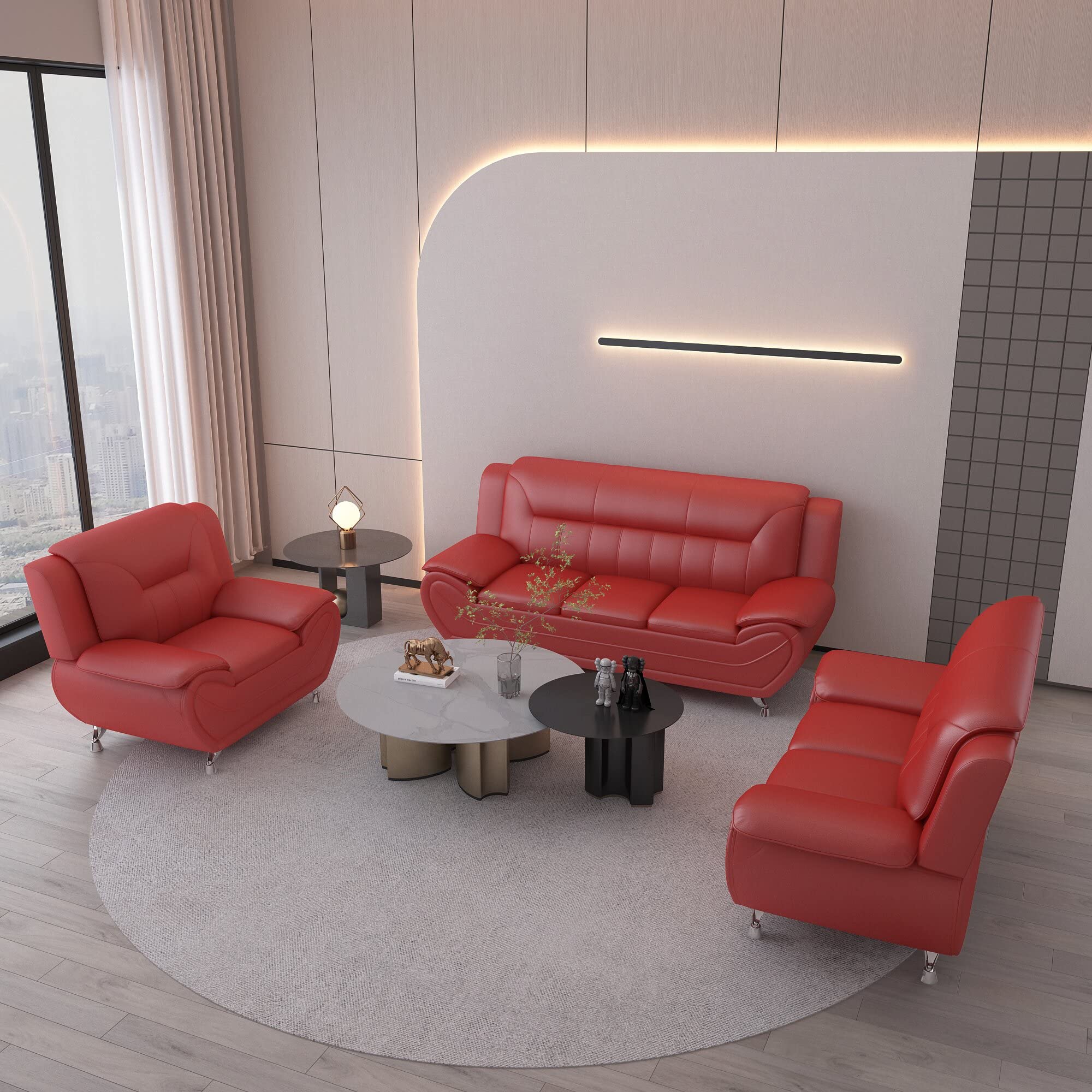 Michael Modern Faux Leather Upholstered Stainless Steel Legs Living Room Chair, Loveseat & Sofa Set in White Dove - Perfect for Contemporary Living Rooms, Offices and Lounge Areas