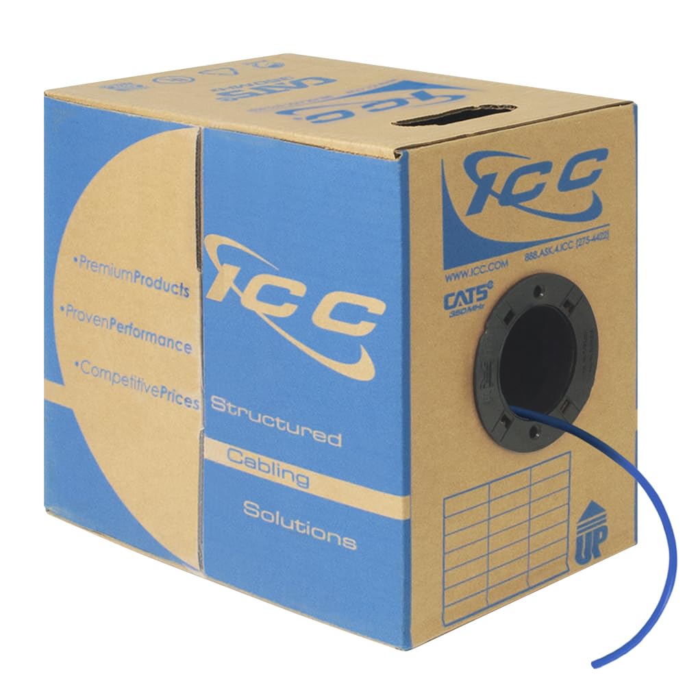 UL Certified ICC Cat5e CMP Plenum 1000ft UTP 24AWG Solid Pure Copper Ethernet Cable | 350MHz Bandwidth | PoE++ Support | Reelex No-Tangle Pull Box | NEC Compliant | USA Made (Blue) - Ideal for Office Networks, Data Centers & Commercial Building Installations