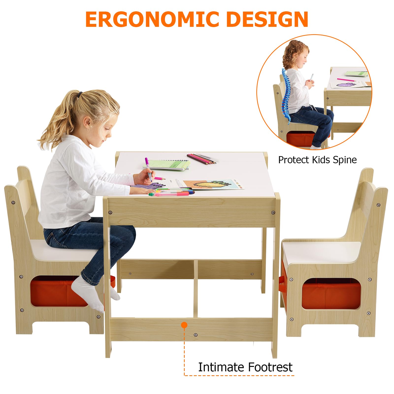 GARVEE 3-in-1 Kids Table and Chair Set with Storage Drawer | Wooden Activity Table for Toddlers | Arts & Crafts Table | 2-in-1 Tabletop | Natural Wood Playroom Furniture for Home, Preschool & Kindergarten | Perfect for Drawing, Learning & Playtime Activities