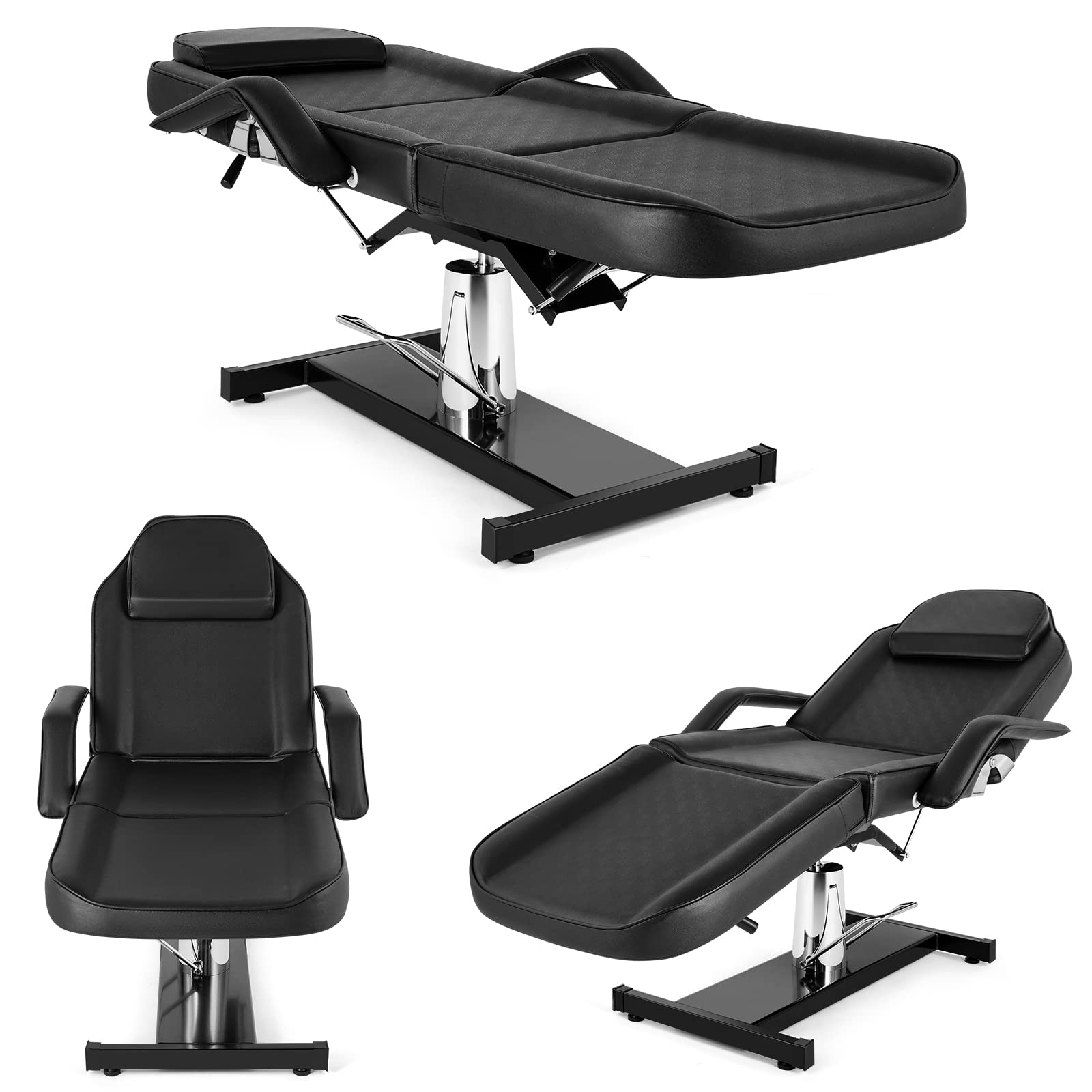 OmySalon Hydraulic Adjustable Tattoo Chair & Facial Bed with Stool - 3-Section Multi-Purpose Beauty Salon Spa Equipment for Massage, Waxing & Skincare - Black
