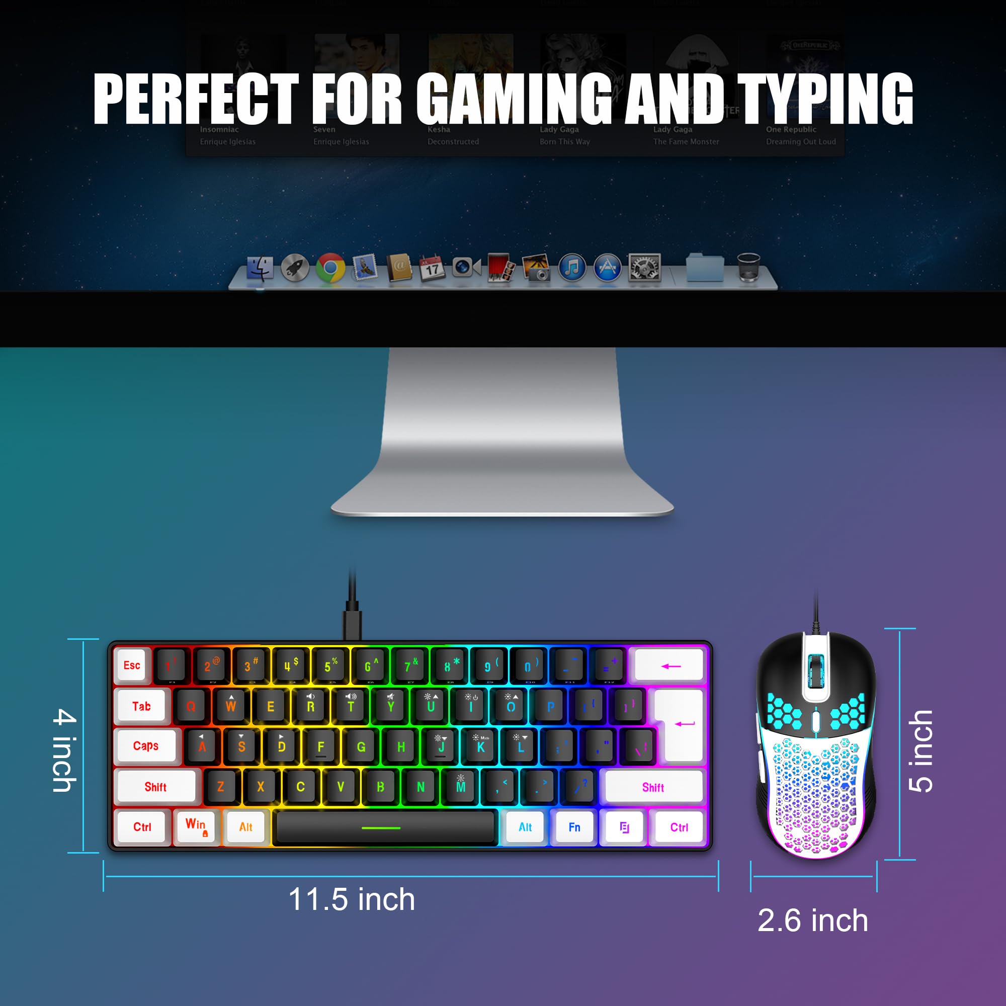 RedThunder 60% Mechanical Gaming Keyboard and Mouse Combo - 61-Key RGB Backlit Compact Keyboard with 7200 DPI Honeycomb Optical Mouse - Wired RGB Gaming Set for PC, PS5, Xbox (Black-White) - Perfect for Esports, Streaming & Office Work