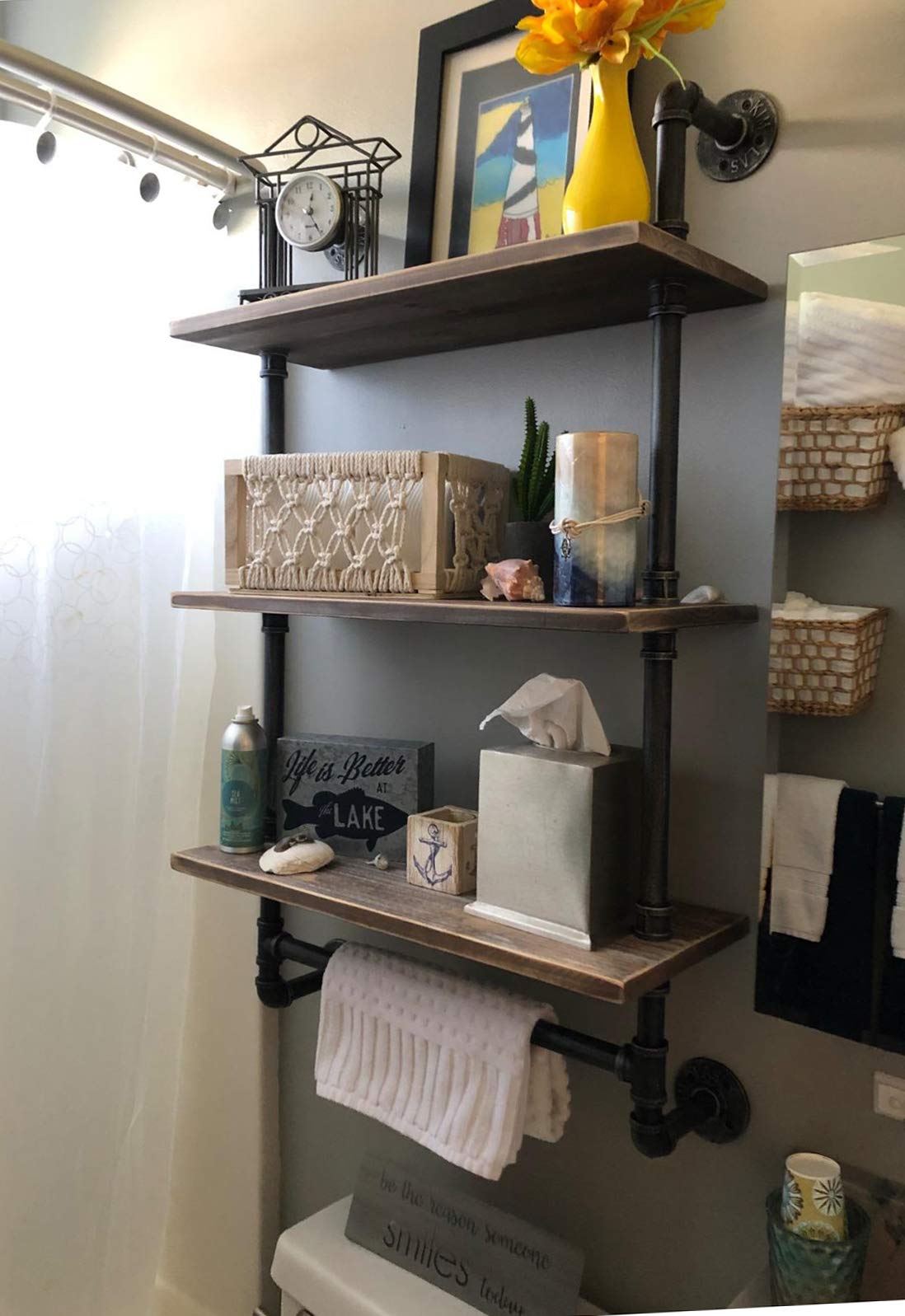 MIQ Industrial 3-Tier Rustic Wooden Pipe Shelf with Towel Bar - 24 Inch Wall Mounted Bathroom Storage Organizer for Towels, Decor & Essentials | Perfect for Farmhouse, Industrial & Modern Bathroom Designs