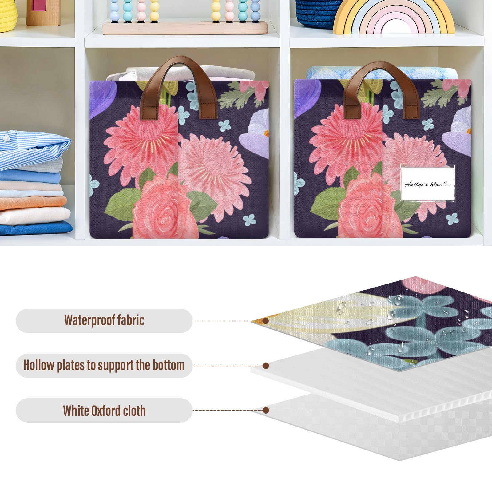 Bright Floral Pattern Storage Bins with Handles - 2 Pack Closet Organizer for Clothes, Jeans, Books | Versatile Home & Office Storage Solution for Bedroom, Bathroom, and Kids Room Organization