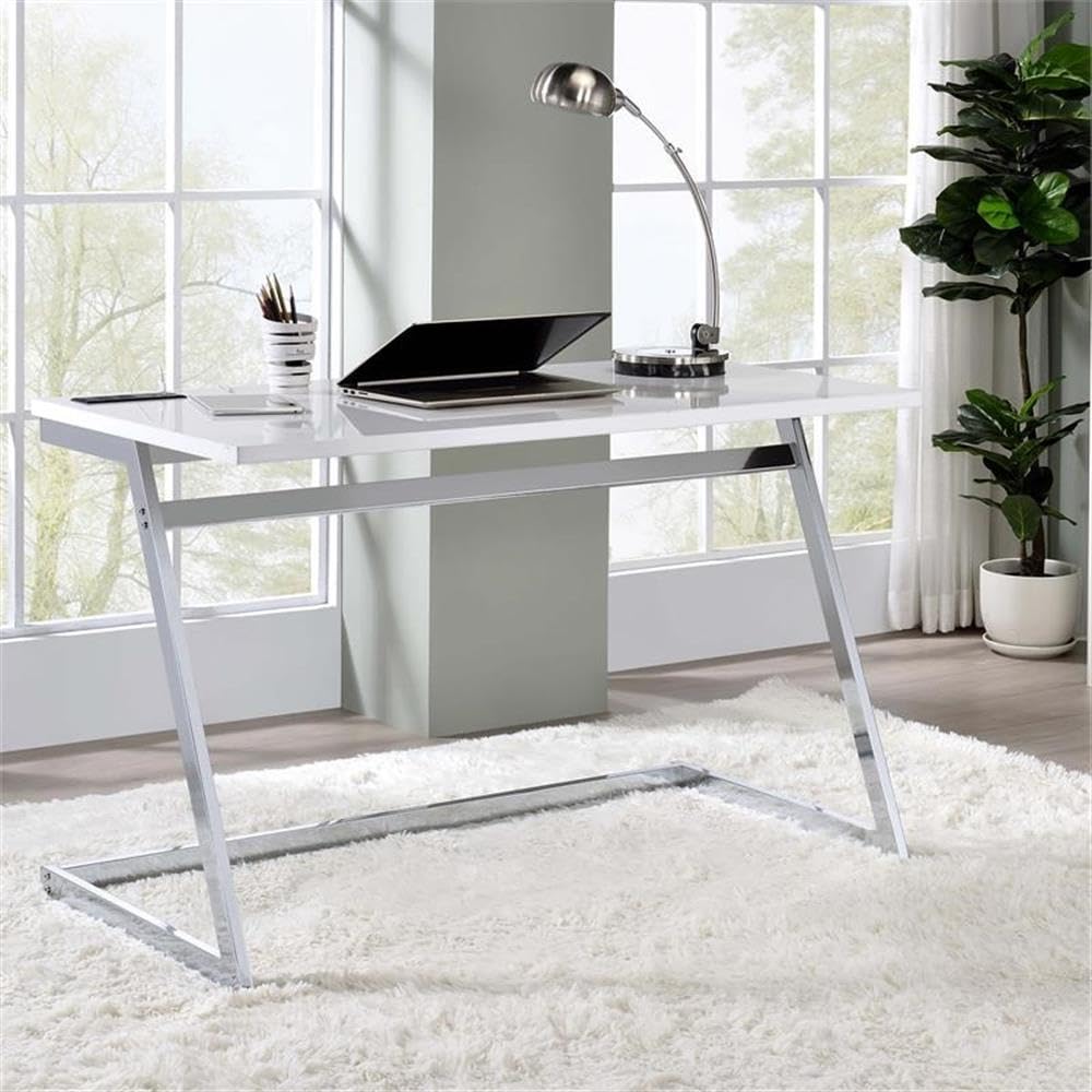 Furniture of America Cornica Modern Metal Writing Desk with USB Ports - White & Chrome Finish for Home Office, Study, or Dorm Room Workspace