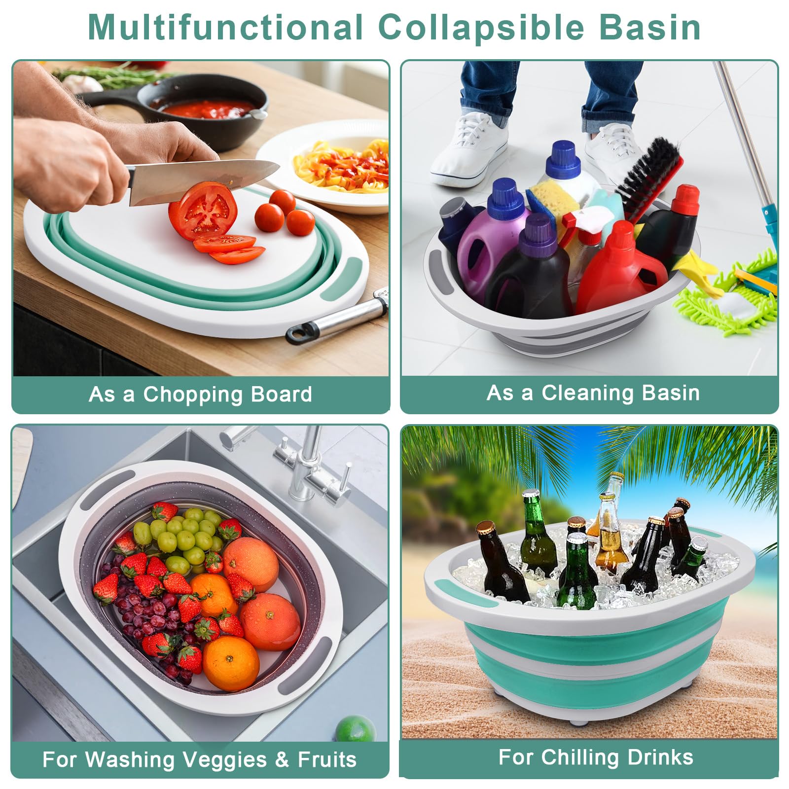 Collapsible Wash Basin 2 Pack - 7.5L Foldable Dish Tub & Cutting Board Combo for Kitchen Sink, Camping, RV - Green & Gray Dishpan for Washing, Food Prep, and Outdoor Use
