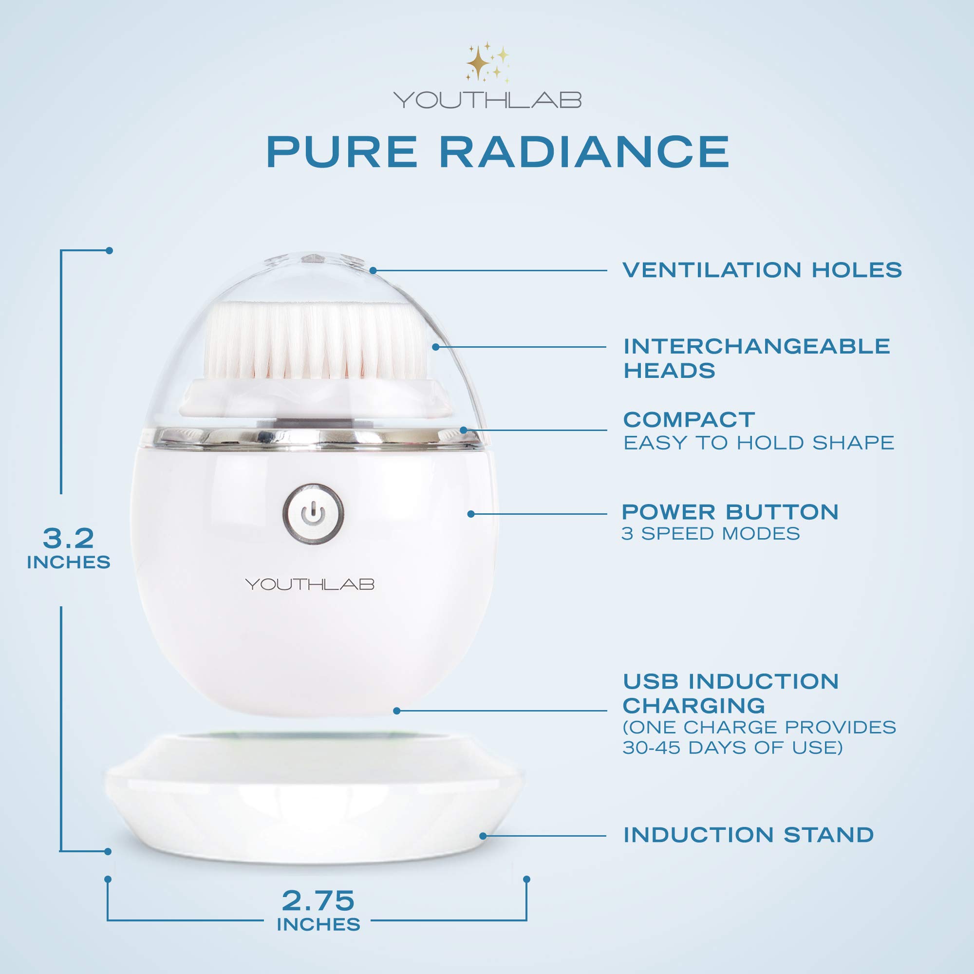 YouthLab Pure Radiance Electric Facial Cleansing Brush - 3 Speed Modes, 3 Interchangeable Brush Heads (2 Bristle & 1 Silicone), Waterproof & Rechargeable with Smart Timer - Deep Exfoliation & Massage for Glowing Skin (Silver) | Perfect for Daily Skincare Routine & Travel