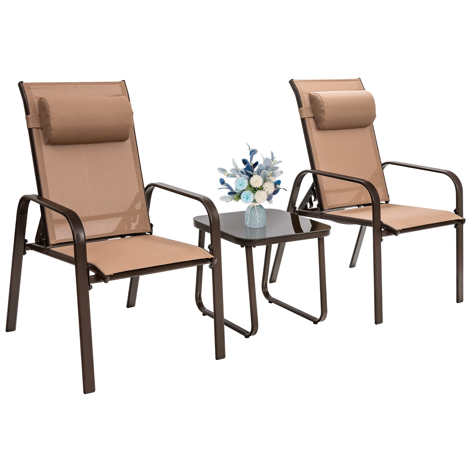 Giantex 3-Piece Outdoor Patio Bistro Set with Tempered Glass Coffee Table & 2 Stackable Chairs - Adjustable Backrest & Headrest - Brown Porch Furniture for Garden, Balcony, and Backyard Relaxation