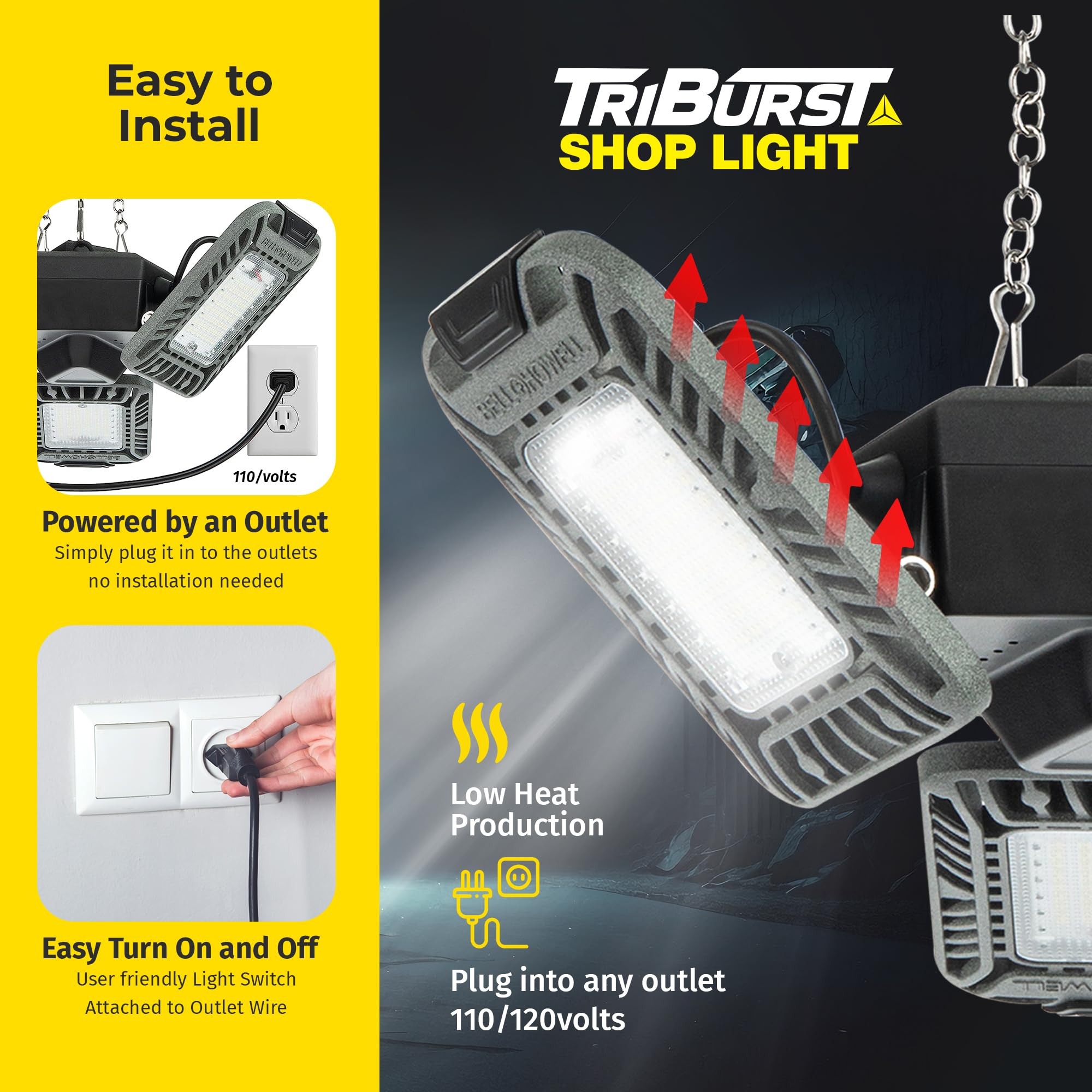 Triburst LED Shop Lights for Workshop - 4000 Lumens Super Bright Garage Lighting, Linkable LED Ceiling Light with 3 Panels, Plug-in Easy Installation - Perfect for Garage, Basement, Warehouse & Workshop Lighting