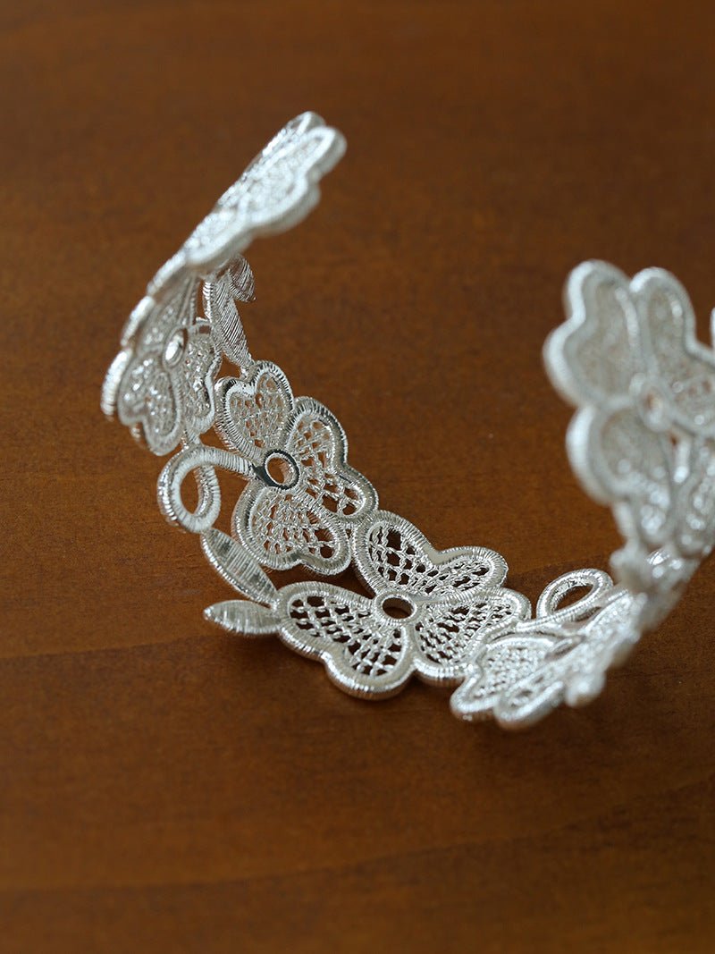 Whisper of Lace Wide Embroidered Cuff Bracelet in Silver - Elegant Women's Fashion Jewelry for Parties, Weddings & Special Occasions