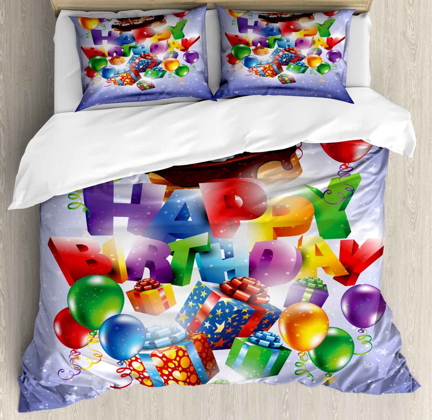 Ambesonne Birthday Duvet Cover Set - Fun Balloons, Ribbons & Cake Print 3-Piece Bedding with 2 Pillow Shams - California King Size Multicolor Decor for Kids & Adults Bedroom Party Theme
