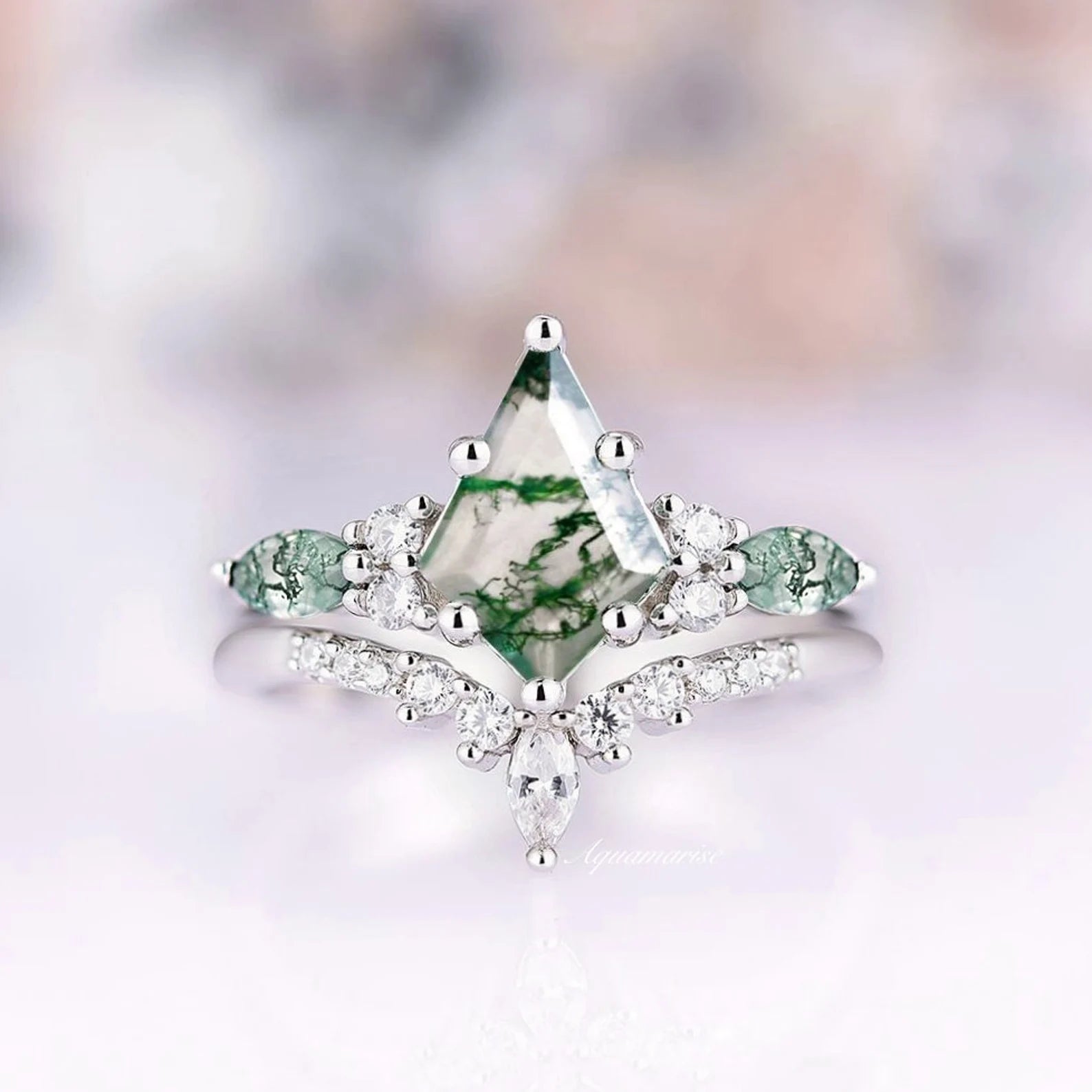 Skye Kite™ Moss Agate Couples Ring - Matching Promise Rings for Him & Her - Natural Stone Wedding Band Set - Perfect for Anniversaries, Engagements & Romantic Gifts