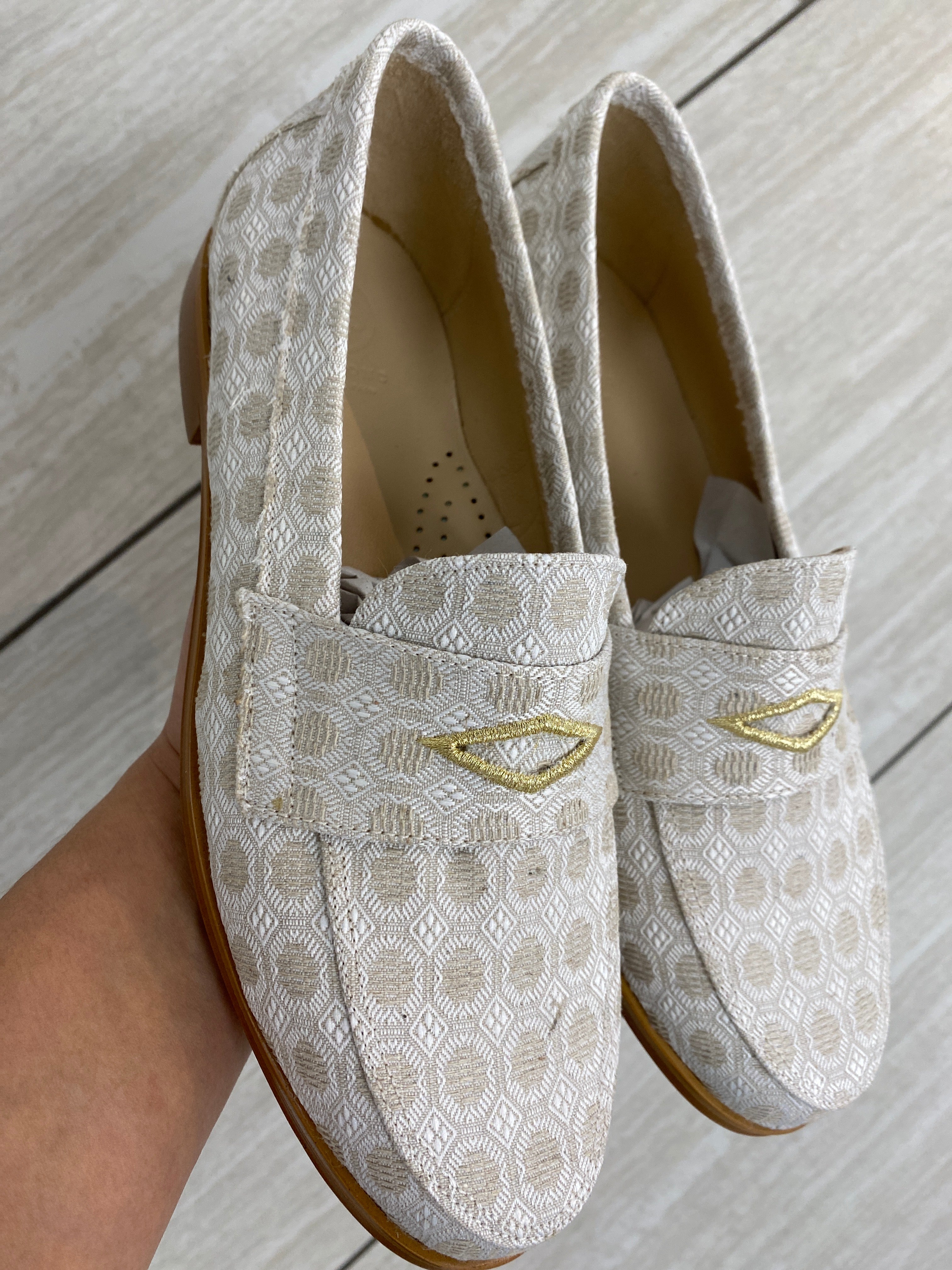 Blublonc Taupe & White Embroidered Penny Loafers - Classic Comfort Slip-On Shoes for Women | Perfect for Office, Casual Wear & Special Occasions
