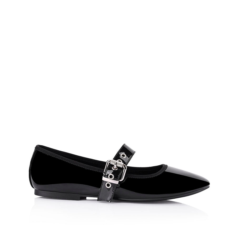 Banks Buckled Mary Jane Flats - Black Patent Leather Shoes for Women | Comfortable & Stylish for Work, Office, and Casual Outfits