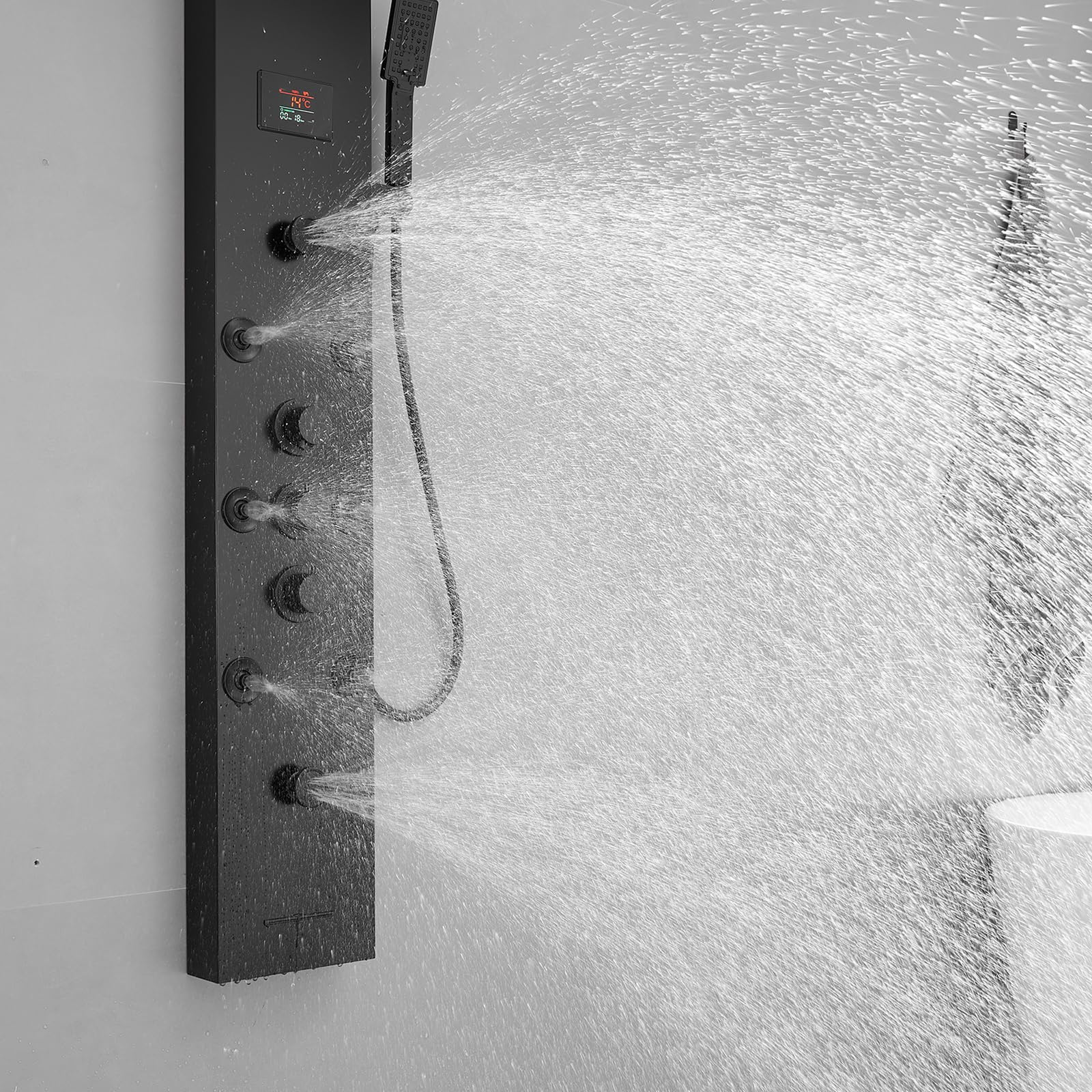 Black LED Shower Panel with Temperature Display - 304 Stainless Steel Shower Tower System, Rainfall Shower Head & Handheld Massage Jets for Modern Bathroom | Perfect for Spa-Like Experience, Wall Mount Waterfall Design for Bathtub or Standing Shower