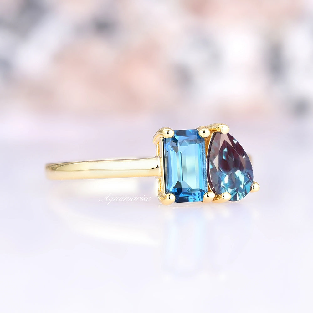 Toi Et Moi Alexandrite & London Blue Topaz Ring in 14K Yellow Gold Vermeil - Elegant Two-Stone Engagement Ring for Women, Perfect for Anniversaries & Special Occasions